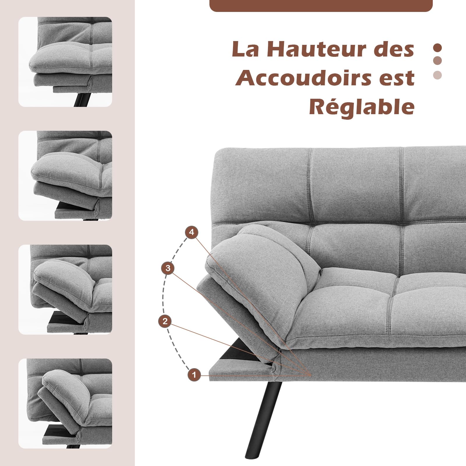 COSTWAY Canapé-Lit Convertible 5 en 1 avec Dossier et Accoudoirs Réglables, Canapé Futon 3 Places en Mousse à Mémoire, Pieds Métalliques, pour Petits Appartements, Salon, Bureau, Charge 273 kg (Gris)