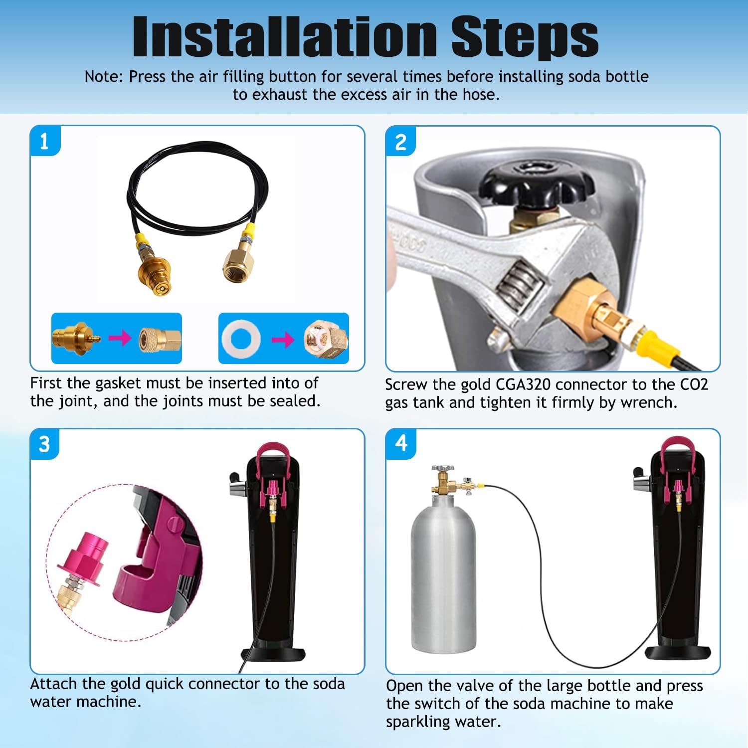 60 inches Soda Machine Adapter Hose Kit, CGA320 to New SodaStream Maker for Terra, Duo, Gaia, Crystal3.0, Co2 Tank Cylinder Hose Kit with New Snap-on Direct Connector