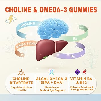 ABYSSUS Choline Gummies for Kids (Ages 4+) Brain & Liver Support Choline Supplements for Children & Adults with Algal Omega3 (DHA & EPA), Active B6 & B12, Sugar Free, Vegan, 60 Count