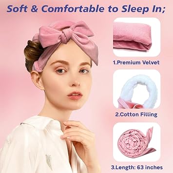 Heatless Curls Overnight - Heatless Hair Curler Headbands for Women, Hair Curlers to Sleep in with Scrunchies and Clip, Hair Rollers for Women Long Hair, Soft Velvet, No Heat Damage (Pink)