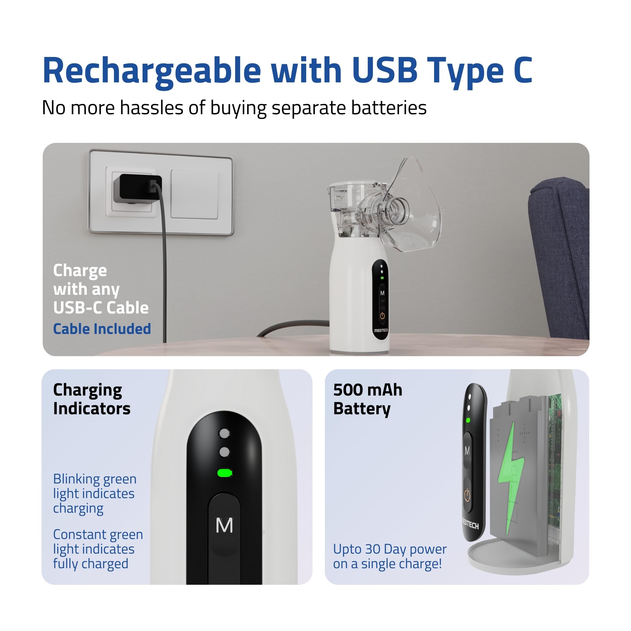 MEDTECH® Handyneb Micro-02 Premium Portable Mesh Nebulizer Machine for Adults and Kids | Silent Mist Inhaler | USB Type-C Rechargeable Nebulizer for Kids & Travel Use | Compact, Lightweight - Image 3 thumbnail