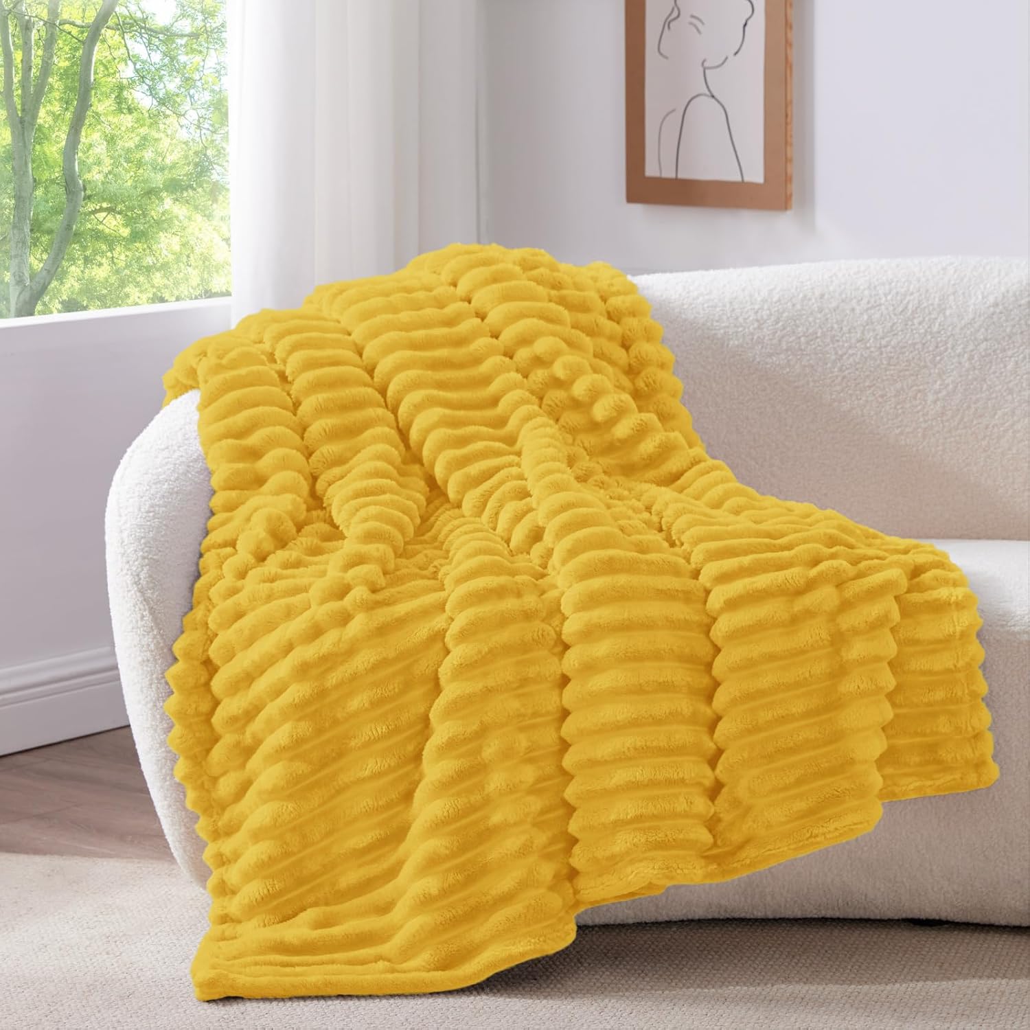 BEDELITE Twin Blanket for Couch & Bed, 300GSM Soft & Warm Fleece Blanket, Decorative and Giftable Striped Light Yellow Blankets for Women, Men, 60"x80" - Image 2