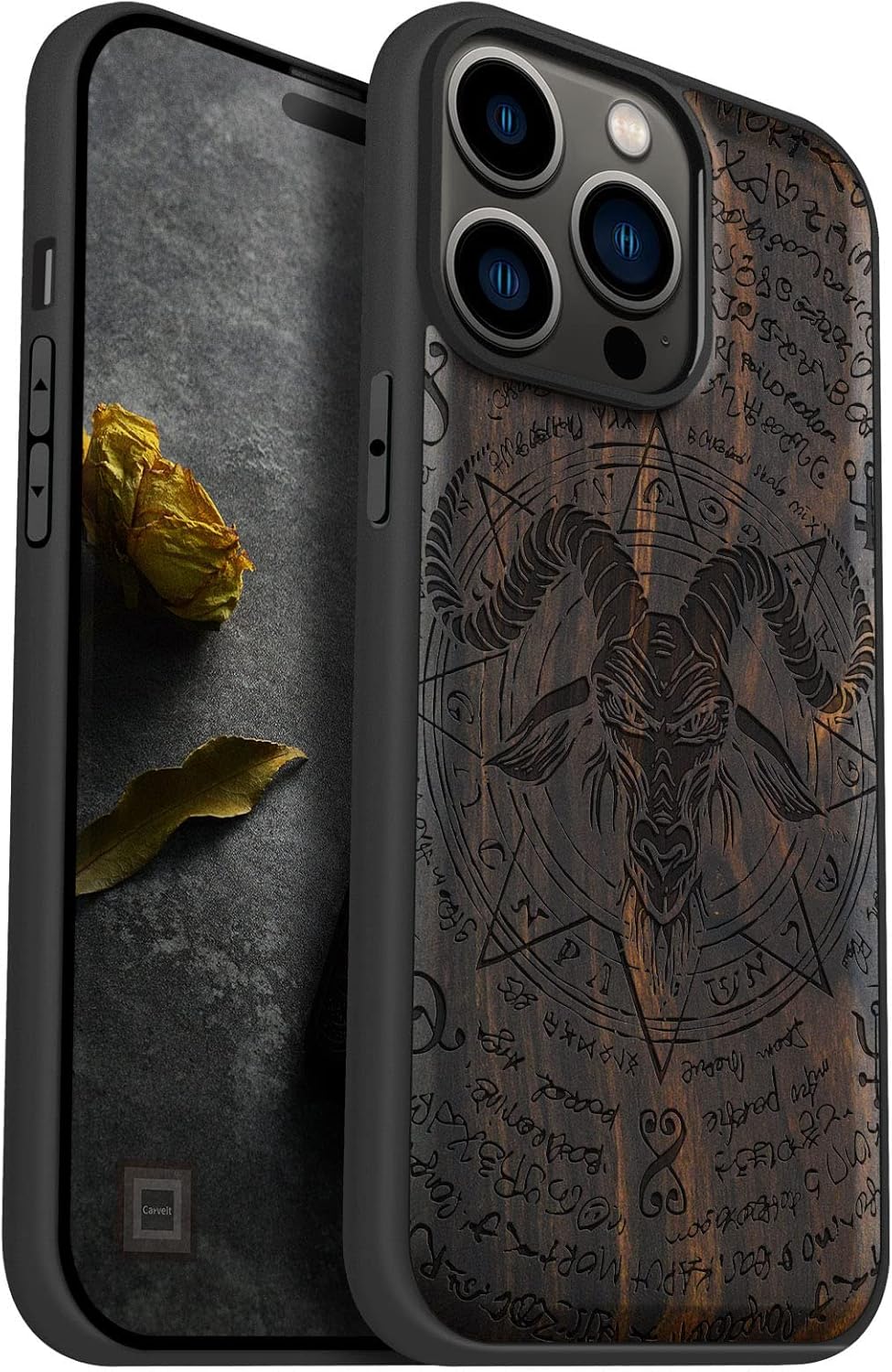Carveit Magnetic Wood Case for iPhone 14 Pro Max [Natural Wood & Black Soft TPU] Unique & Classy Wooden Shockproof Protective Cover Compatible with magsafe (The Devil -Baphomet -Blackwood)