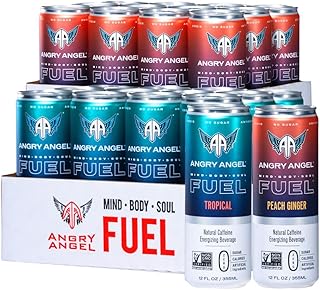 Angry Angel Peach Ginger & Tropical Natural Energy Drink - (24 count) Mixed Pack - Zero Sugar - CoQ10 - Important B Vitamins - 12 oz Cans