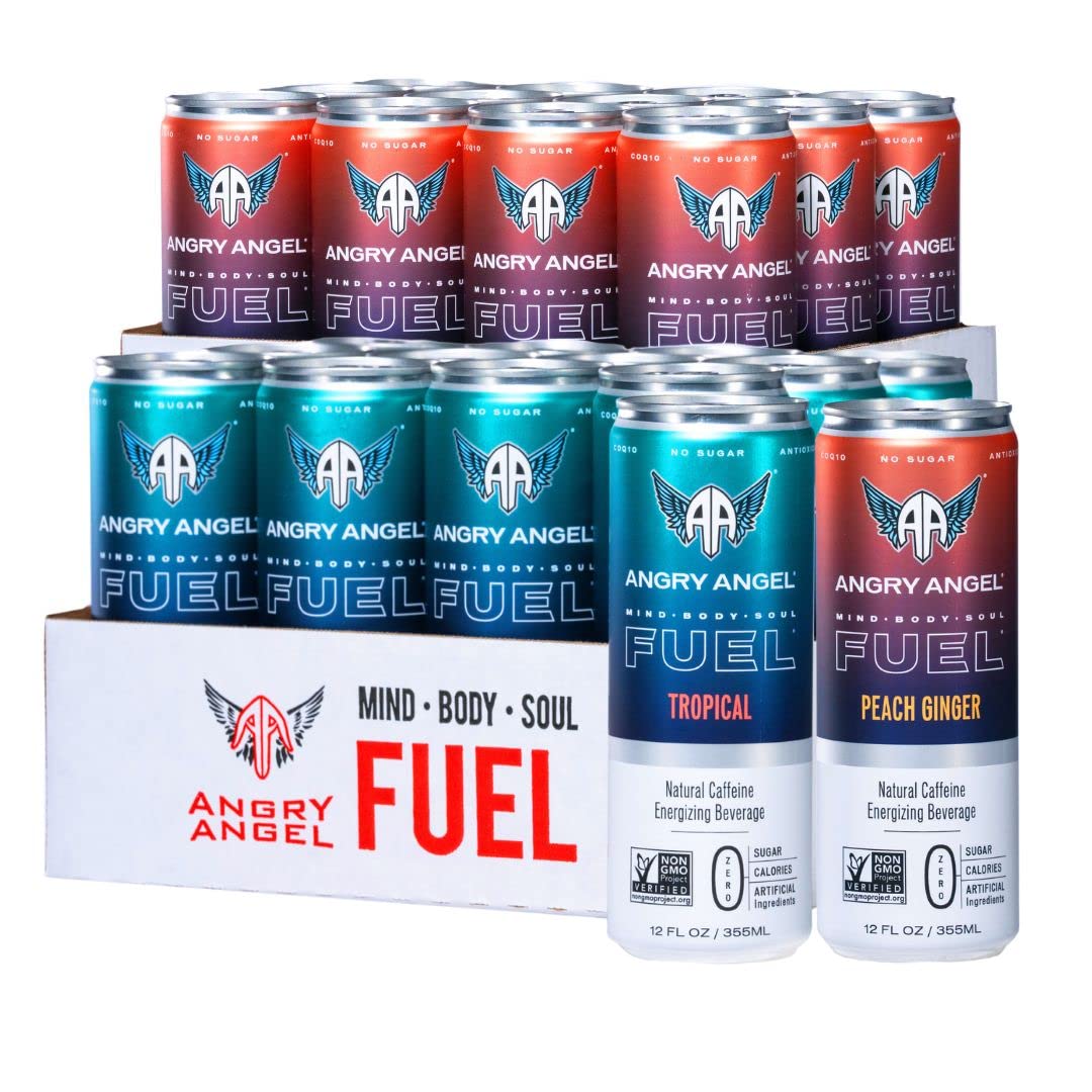 Angry Angel Peach Ginger & Tropical Natural Energy Drink - (24 count) Mixed Pack - Zero Sugar - CoQ10 - Important B Vitamins - 12 oz Cans