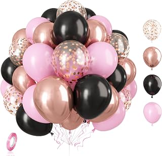 Light Pink and Black Balloons, 55 Pcs Black and Pink Balloons Set with Rose Gold Confetti Metallic Rose Gold Balloons, 12 Inch Pastel Pink Baby Pink Balloons for Girl Birthday Party Wedding Decoration
