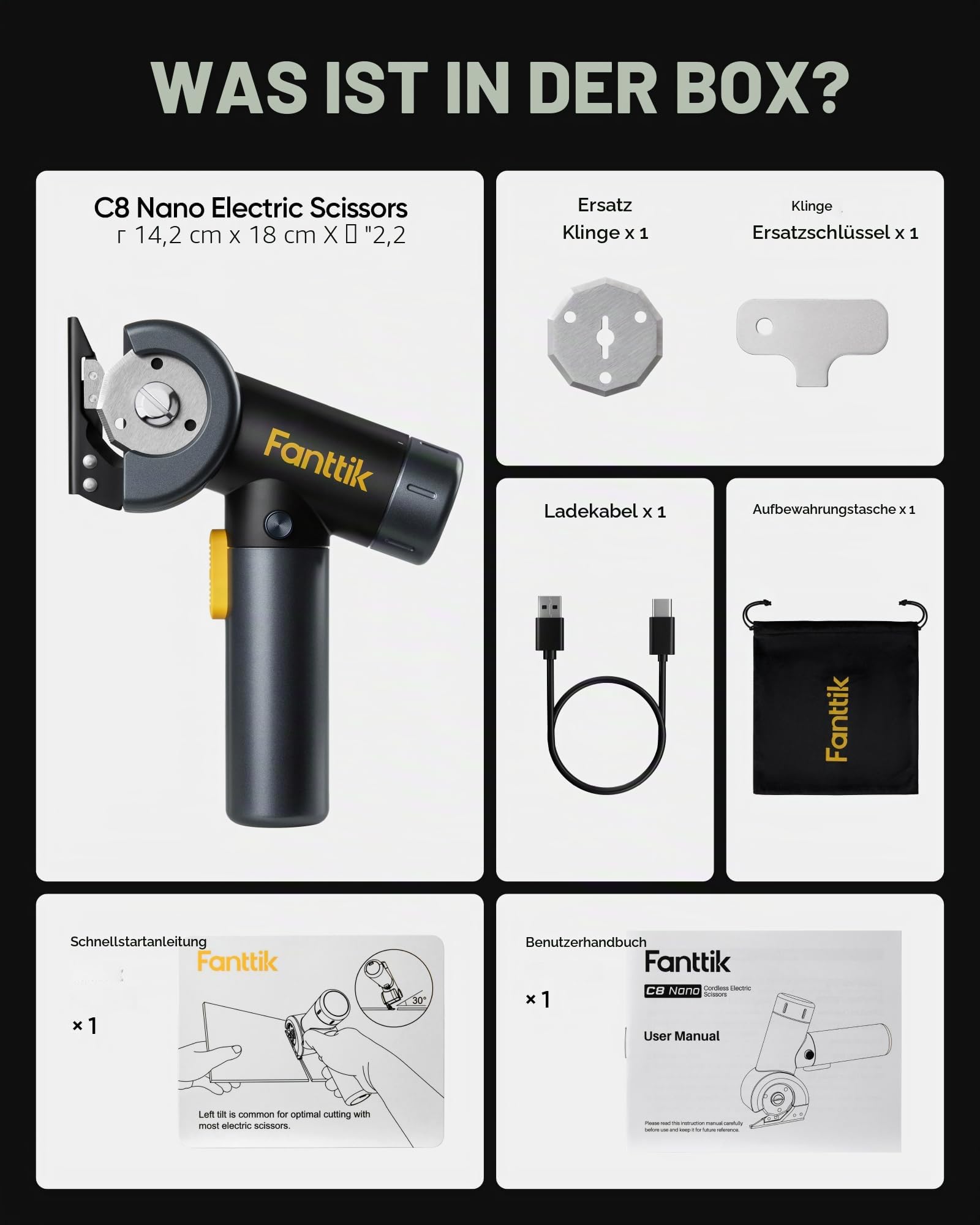 Fanttik C8 Nano Elektrische Schere, Kartonschneider Elektrisch mit Bildschirm, LED-Licht, 3 Geschwindigkeitsstufen, Typ-C-Aufladung, Geeignet für Stoffe, Teppiche, Leder, Kartons - Schwarz