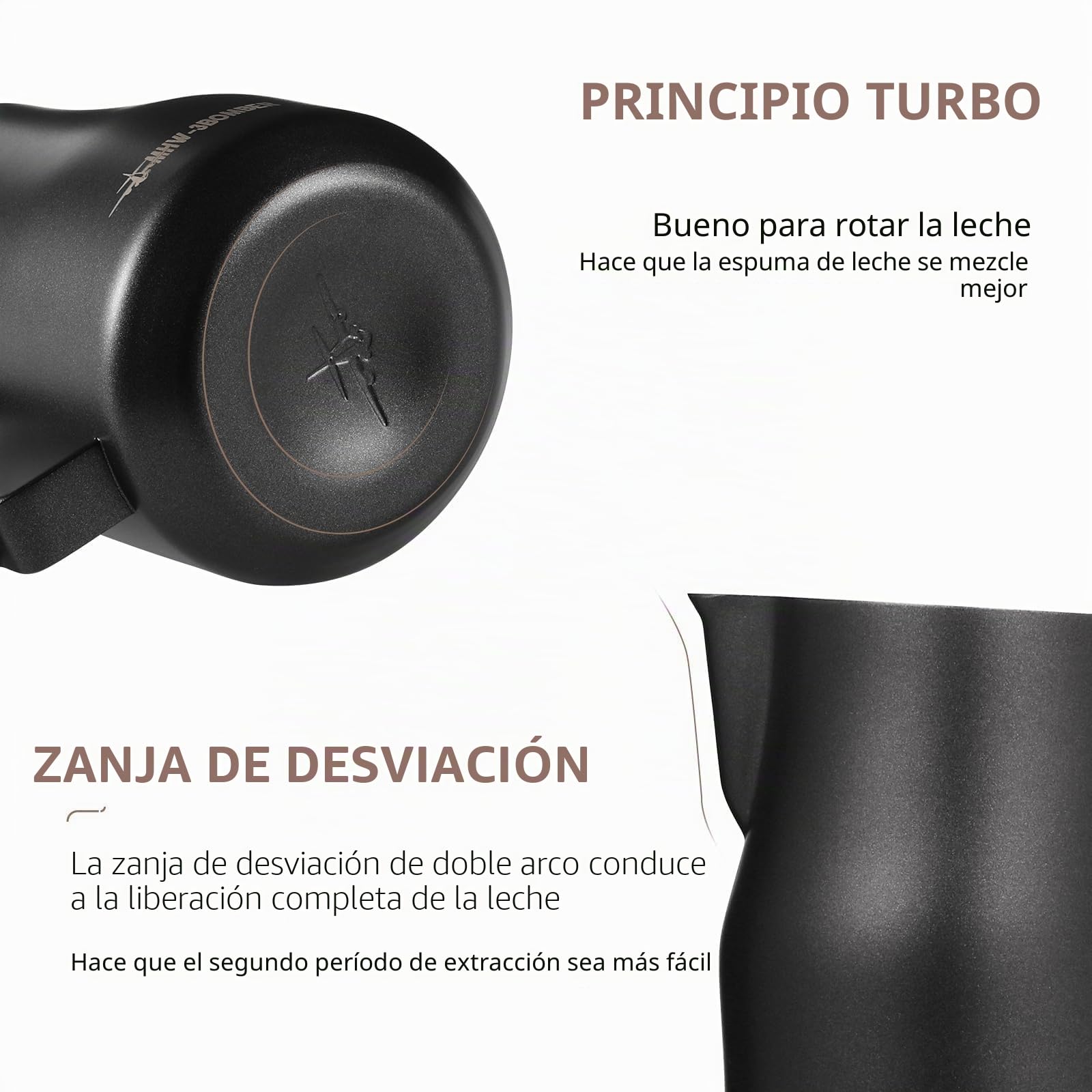 MHW-3BOMBER Jarra de leche espresso espumante al vapor, 350 ml, Turbo 304 de acero inoxidable con boquilla de águila, jarra barista, latte art (negro mate) P6007MB