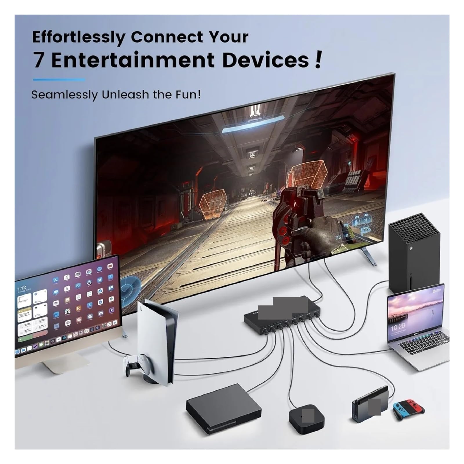 Switch a 7 Porte 2.0 4K @ 60Hz 7x1 2.0 Switcher con convertitore AUD Video remoto IR 7 ingressi 1 Uscita Supporto HDR e HDCP 2.2 DC5V per Laptop, TV, proiettore, Display HDTV(7X1)