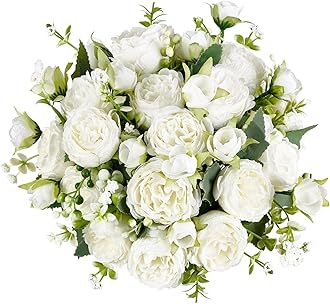 Mkono Peonies Artificial Flowers, Small Silk Flowers for Home Decor Indoor Fake Bouquet Faux Floral Arrangements Dining Table Centerpieces for Kitchen Bridal Wedding Party Decor White