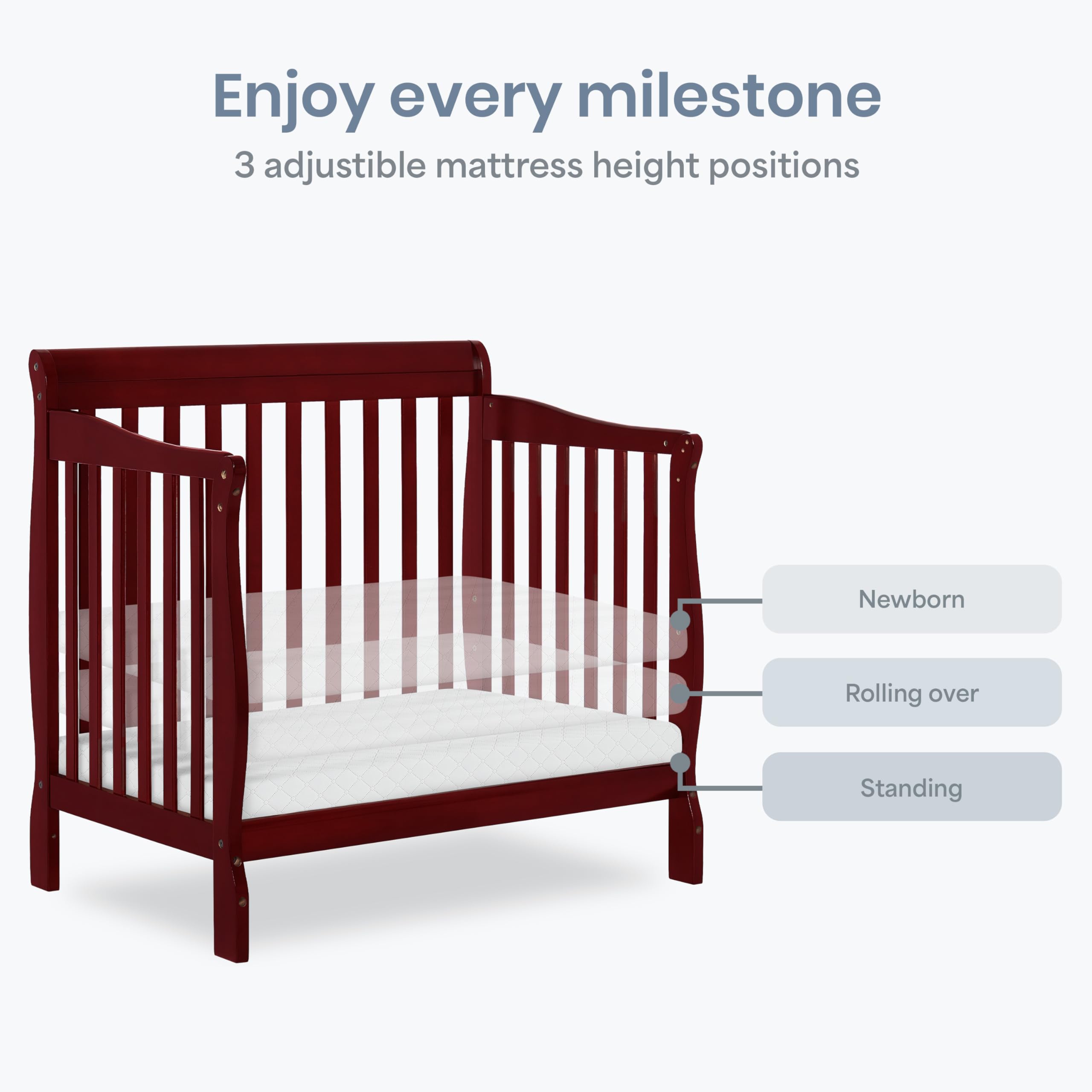 Dream On Me Aden 4-in-1 Convertible Mini Baby Crib in Cherry, GreenGuard Gold & JPMA, Sustainable Pinewood, Non-Toxic Finish, 3 Mattress Heights, Converts to Mini Day & Twin-Size Bed