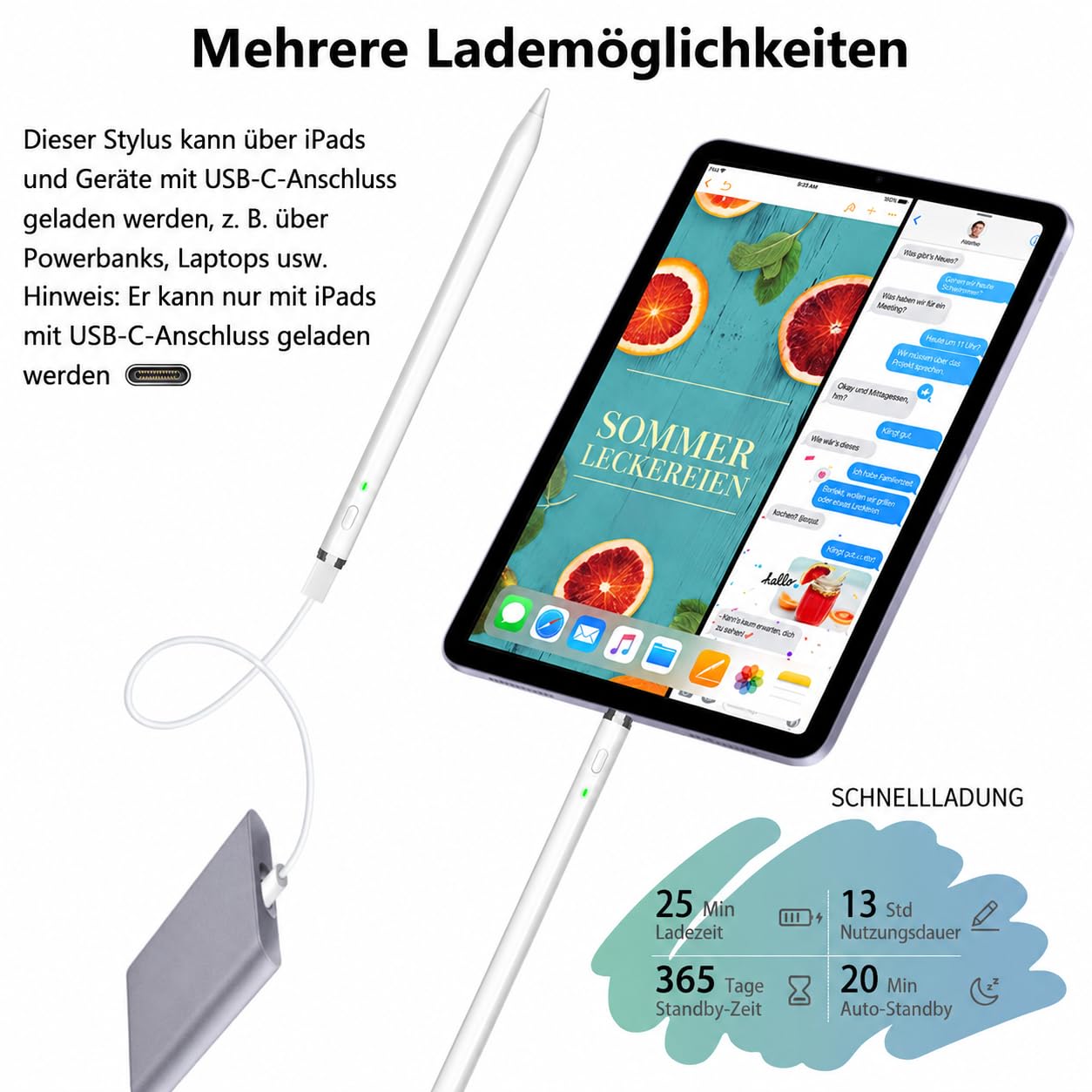 Pencil 1. Generation für iPad (2018-2026): mit USB C Schnellladeleistung & Neigungssensitivität Zubehör für Tablets, Pencil für iPad A16 11/10/9/8/7/6, Air 3~5/M2/M3/M4, Min 5~7, Pro 11"/12.9"/13"