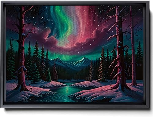 Aurora Borealis, Northern Lights Art, framed canvas print, snow capped mountain landscape art, synthwave vaporwave, Art Decor, Arts