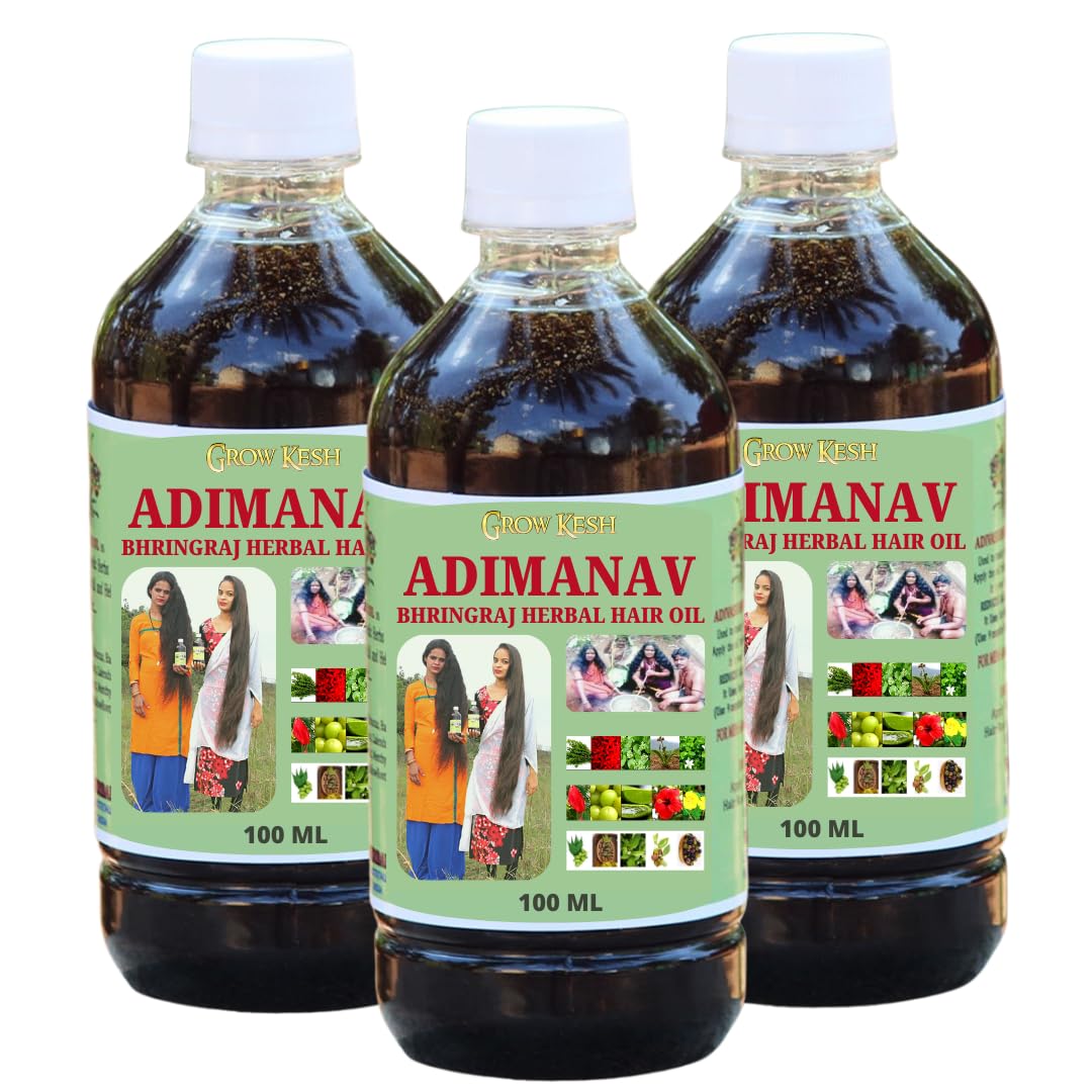 Growkesh Adivasi Bhringaraj Herbal Hair Oil, Natural Herbs And Roots Oil, No Side Effects (100ml) Pack 3, Green