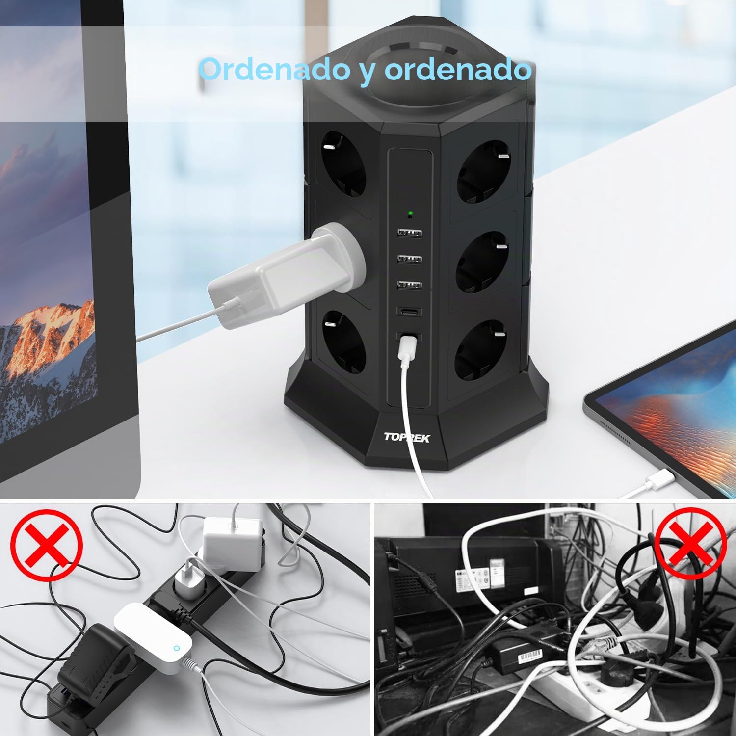 TOPREK Torre Regleta Enchufes con USB, 12 Tomas, Protección Sobretensiones