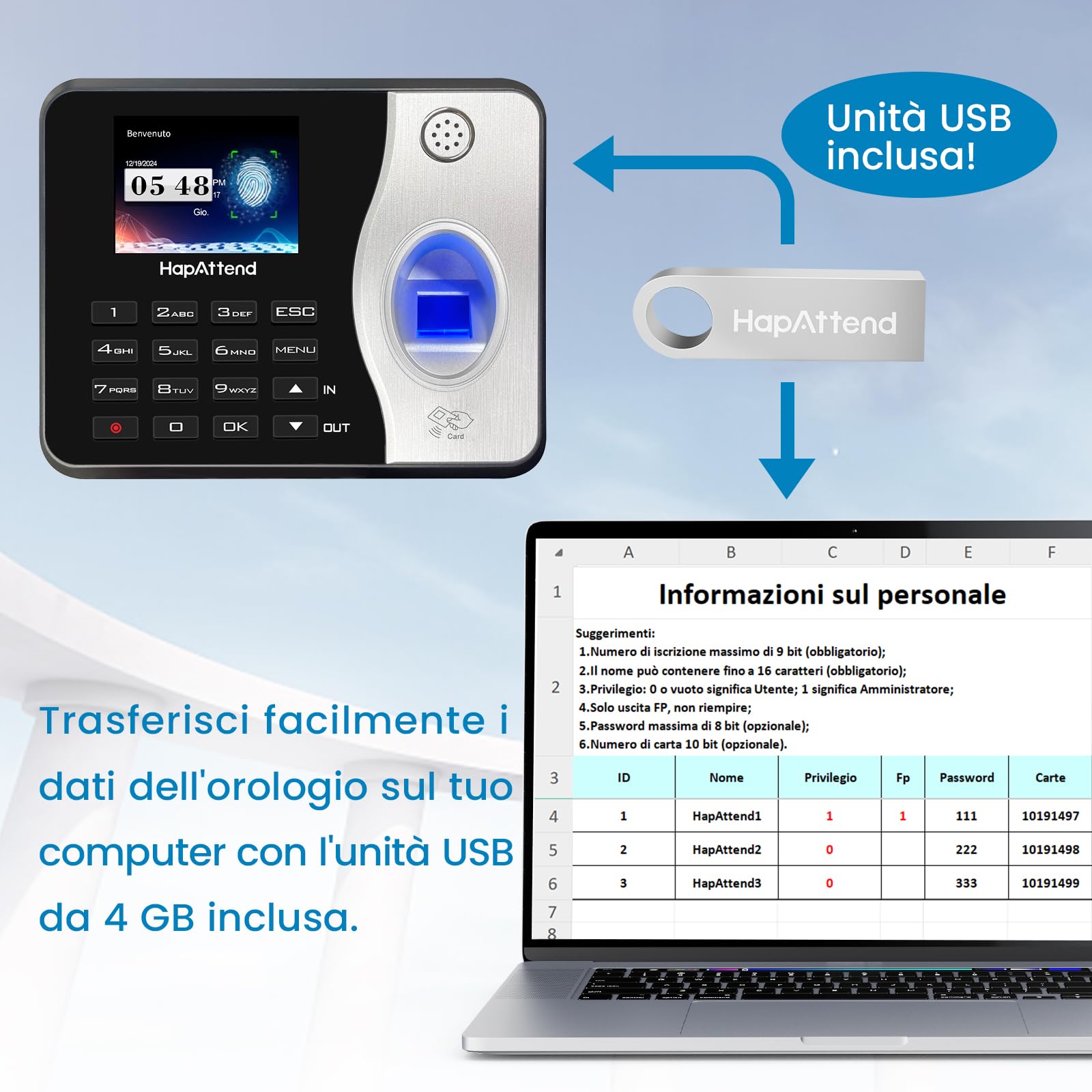 Rilevatore presenze, HapAttend Italiano timbracartellini lettore con impronte digitali e 5 badge RFID, H3 timbratrice presenze dipendenti Checking-in registratore orologio tempo per piccole imprese