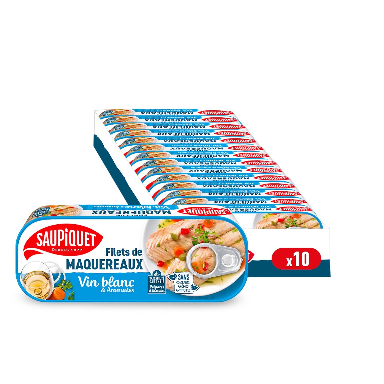 SAUPIQUET - Filets de Maquereaux au Vin Blanc & Aromates - Riches en Oméga 3 - Issus d'une Pêche Traçabilité Garantie - 10 Conserves (176 g)