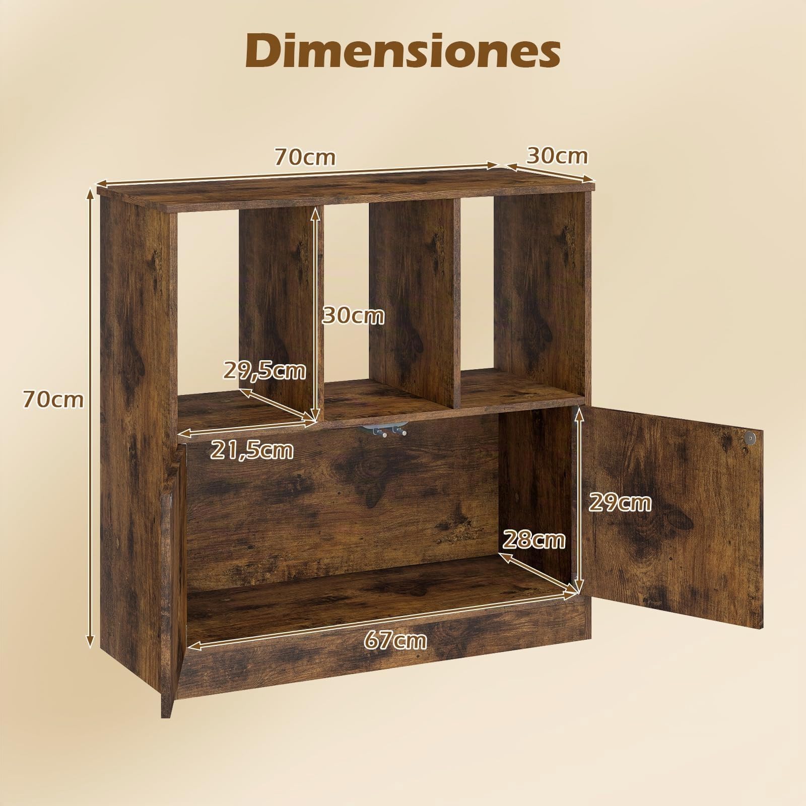 COSTWAY Librería de 3 Cubos con Puertas, Estantería Libros de 3 Niveles con Compartimentos Abiertos y Armario, Librería Estantería Madera Salón Oficina Dormitorio, 70 x 30 x 70 cm (café)