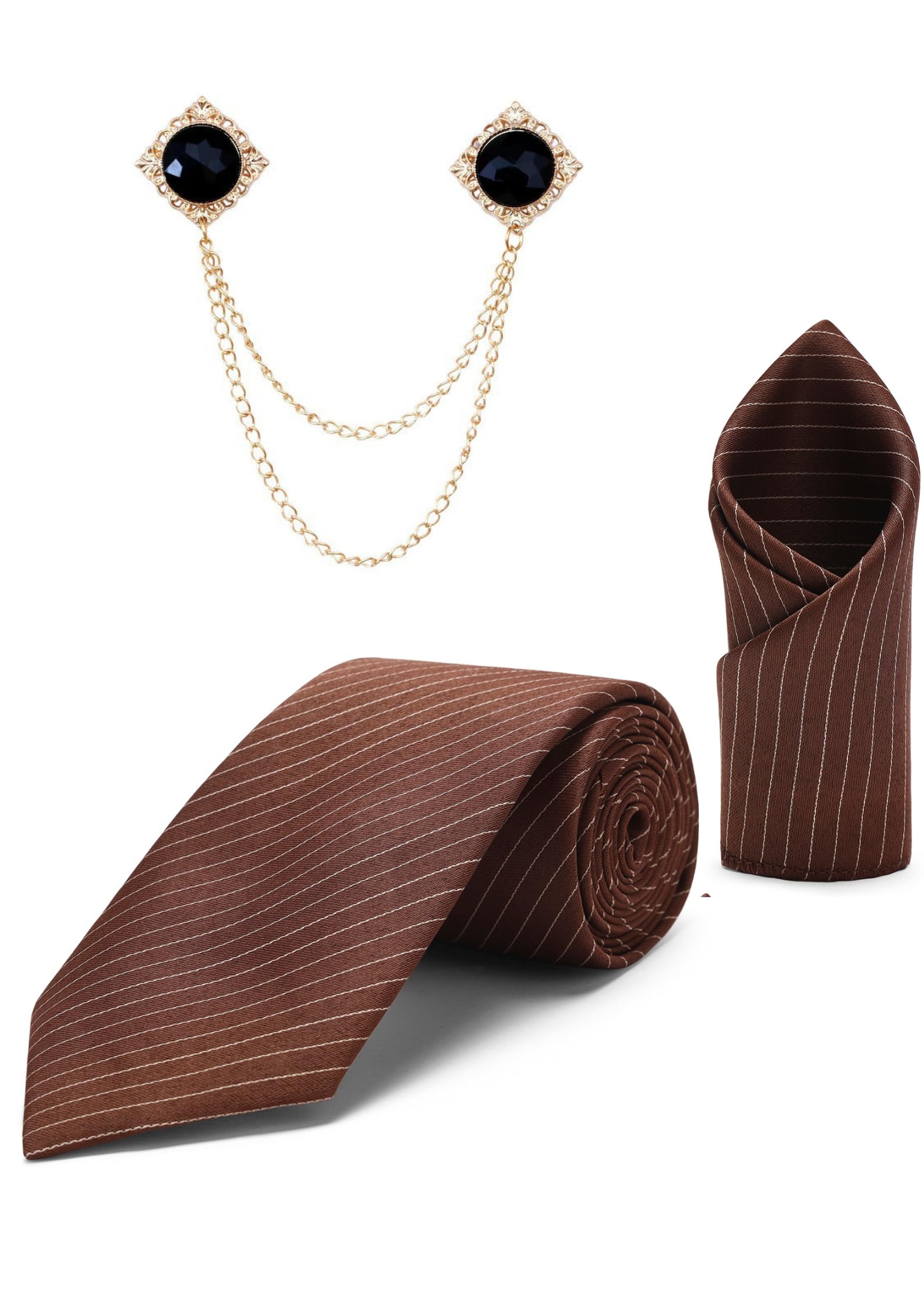 Random Stripe Necktie Set With Pocket Square Lapel Double Chain Brooch Micro Fibar Self-Lining-picture-21