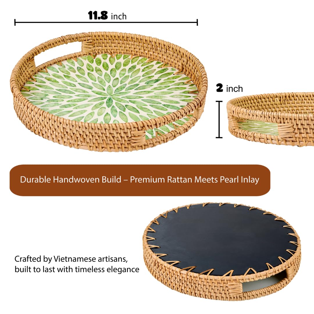 Round Rattan Tray with Mother of Pearl Inlay– Decorative Coffee Table & Ottoman Woven Serving Tray for Food, Fruit, and Home Decor, 11.8 inches