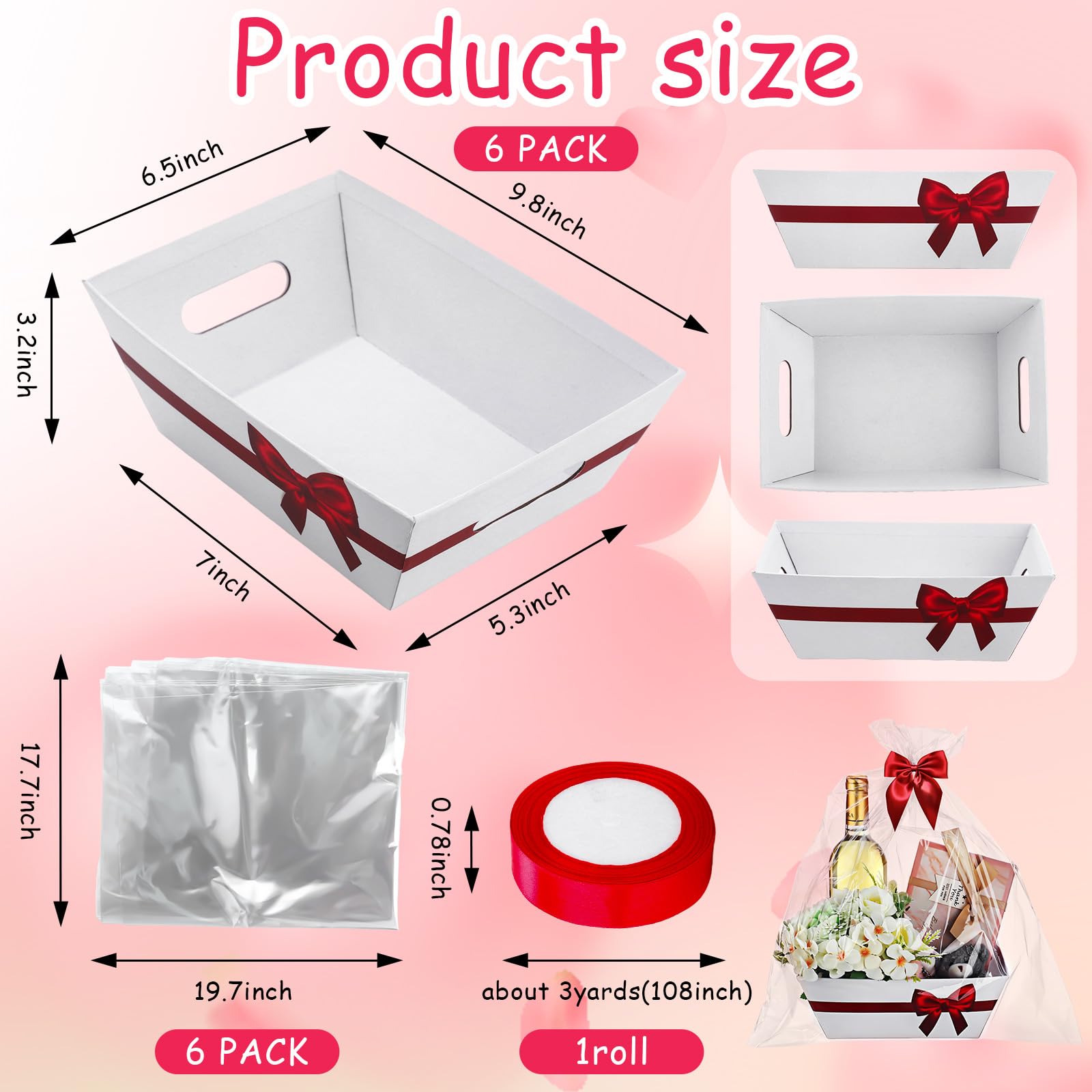 RattanView Kit da 12 cestini vuoti per confezioni regalo, 6 cesti per vino, 6 sacchetti di cellophane, kit da riempire per baby shower, feste di compleanno, regali (bianco, nastro rosso)