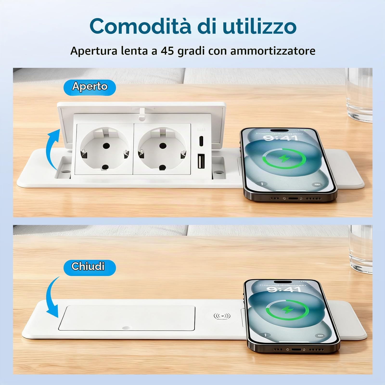 Presa a scomparsa con USB-C PD20W e ricarica wireless 15W – Presa da incasso per scrivania e cucina, 2 prese Schuko + USB-A, alluminio pressofuso, bianco