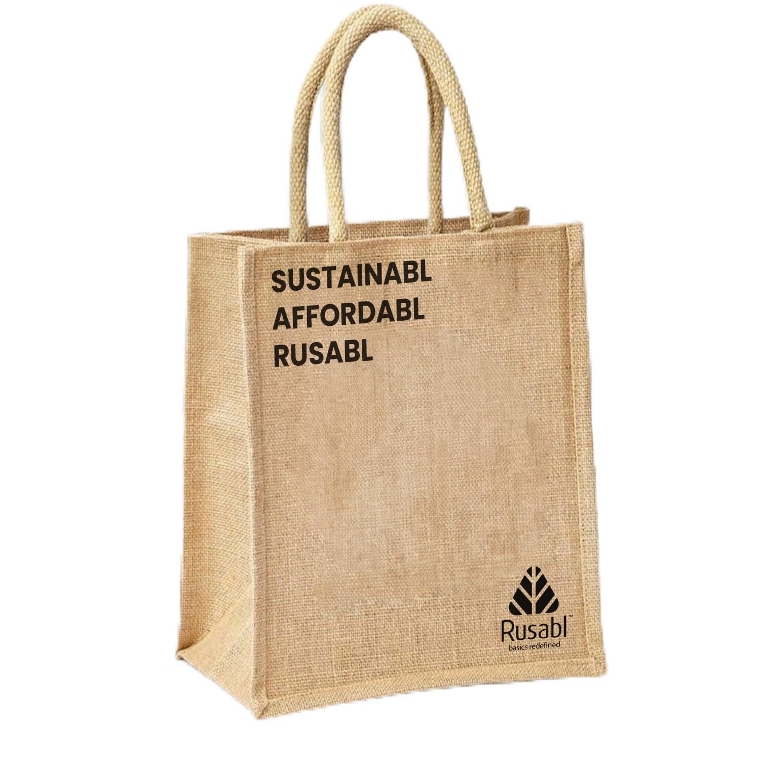 Rusabl Jute Bag (Pack of 1, Beige) Durable and Easy to Hold Handle with Comfortable Grip, for Lunch Box, Shopping, Eco-friendly, Reusable (10.5 x 5.5 x 12.5 inches)