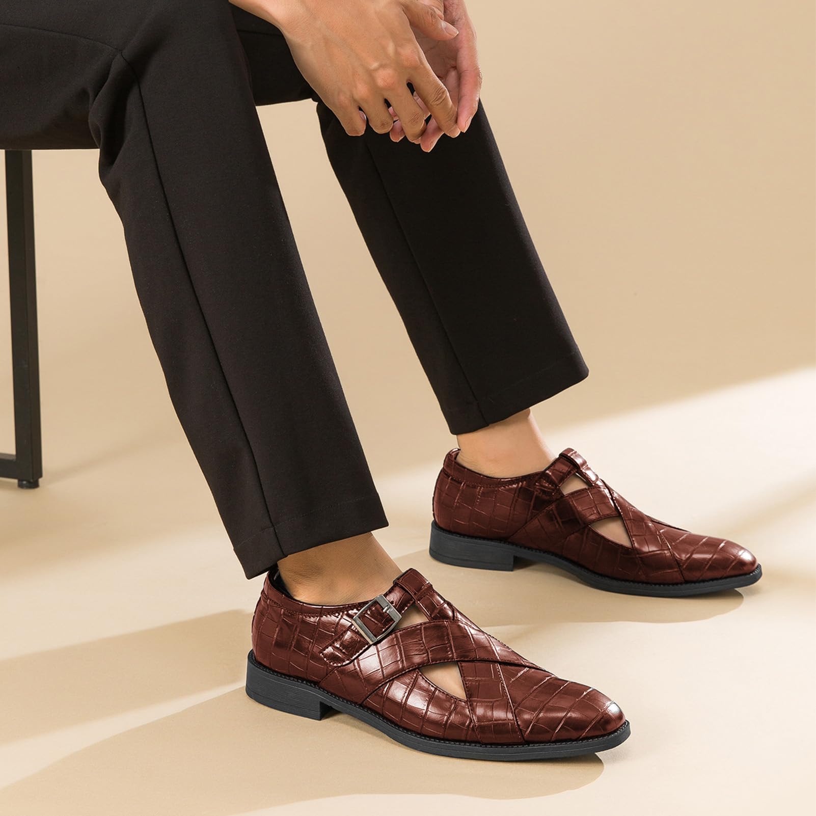 ANUFER Hommes Creusé Cuir Sandales Boucle Réglable Été Chaussures Habillées