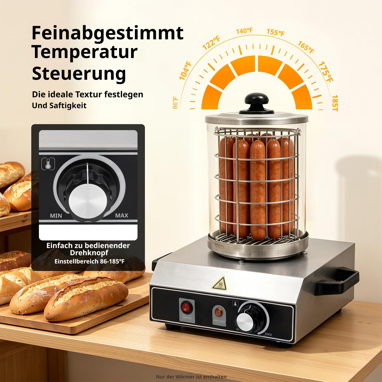 Würstchenwärmer Elektrischer Hot Dog Maker Maschine 220V Wurstkocher, 0～85℃Einstellbare Temperatur Got Dog Dampfer für westliche Restaurants, Fast-Food-Läden, Cafés
