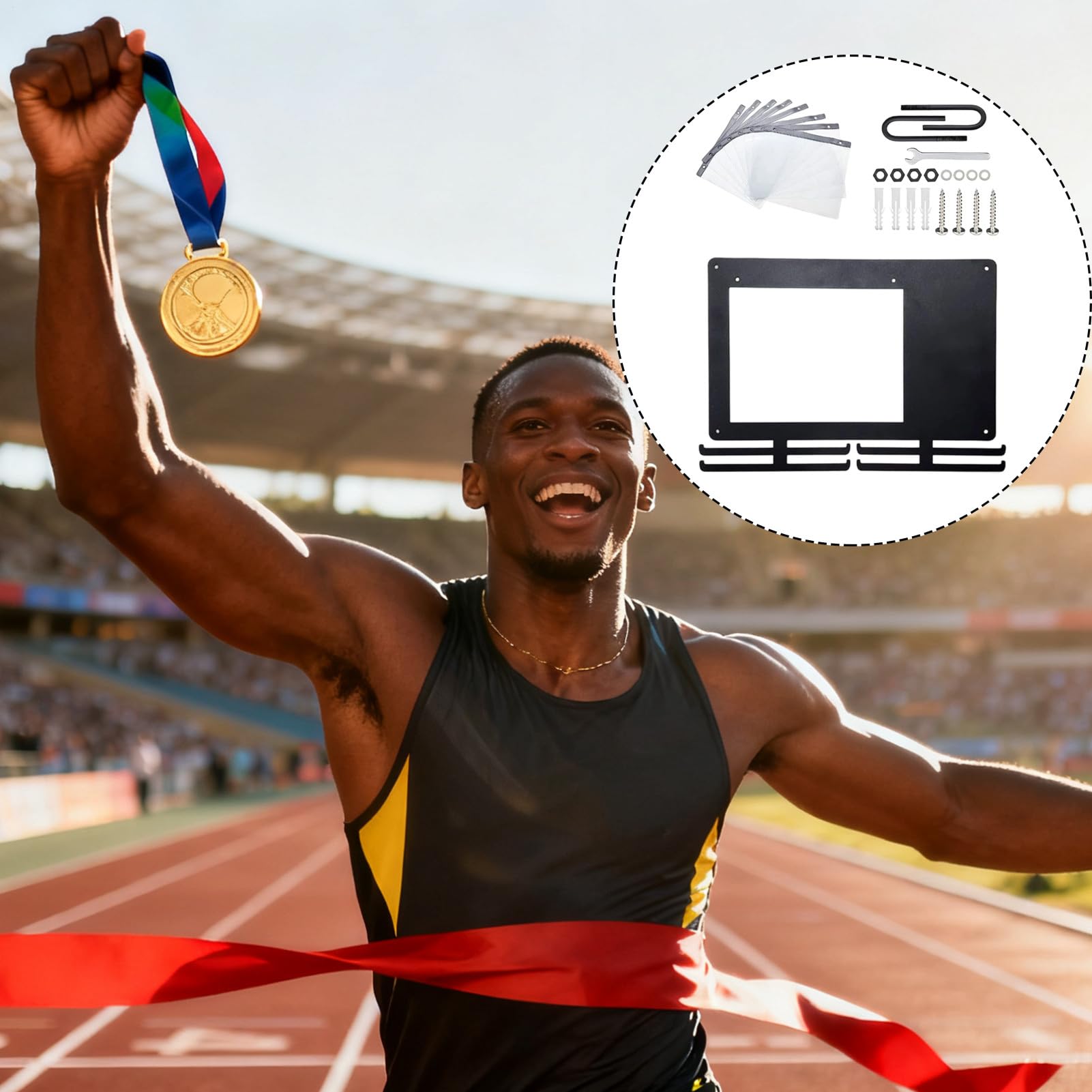 Generico Porta premios, rack metálico con 10 bolsas para medallas, soporte para premios de pared, para almacenamiento deportivo, colección, gimnasio en casa, competiciones, fútbol, natación, tenis