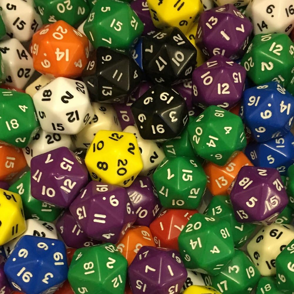 Bulk Dice 100 x 20 sided polynomial dice mixed colours