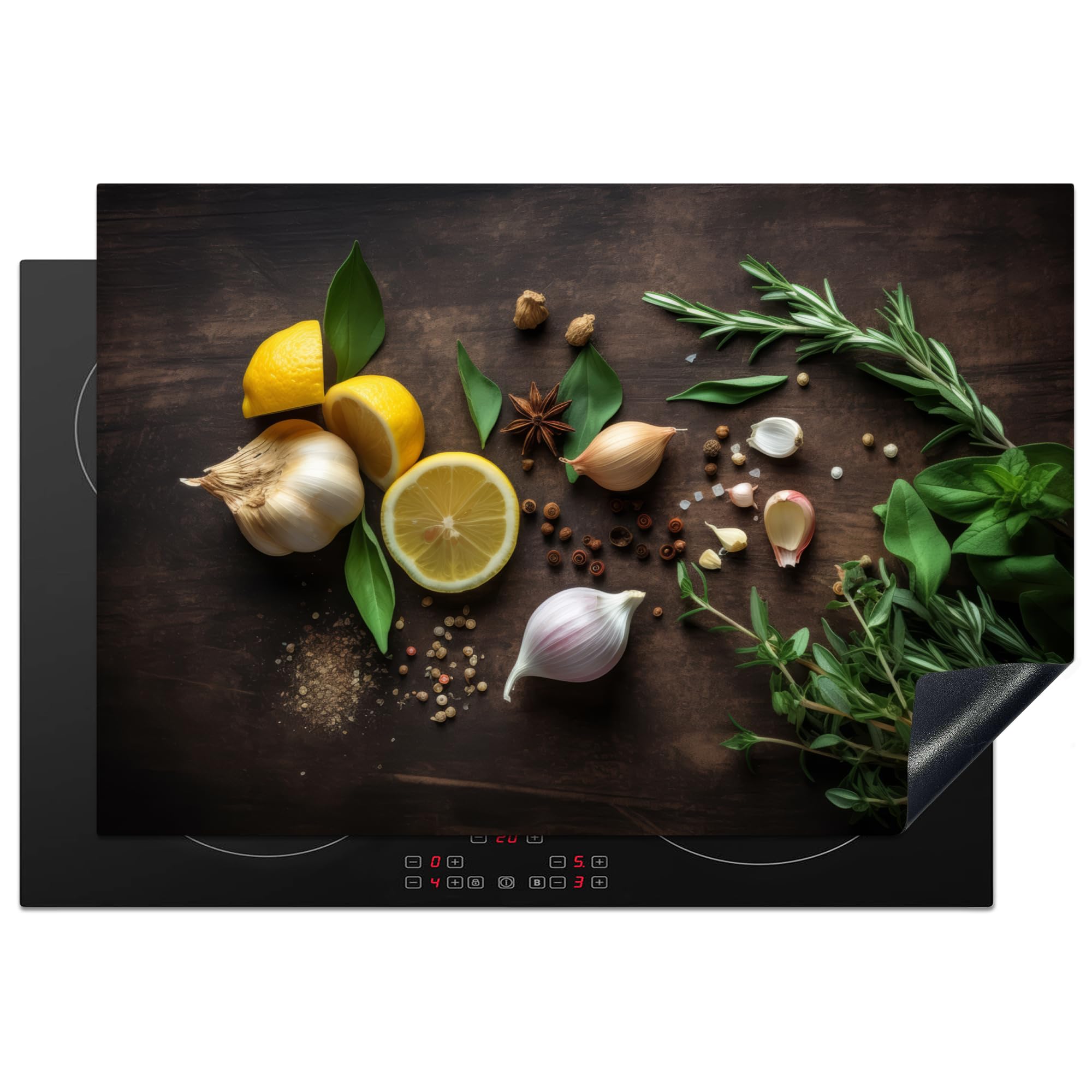 KitchenYeah© Induction Hob Protector Mat 20.3"x29.9" / 76x51.5 cm Stove Cap Top Cover Kitchen Cooker Covers for Electric Hobs Vinyl Herbs - Lemon - Fruit - Wood Print — image 1