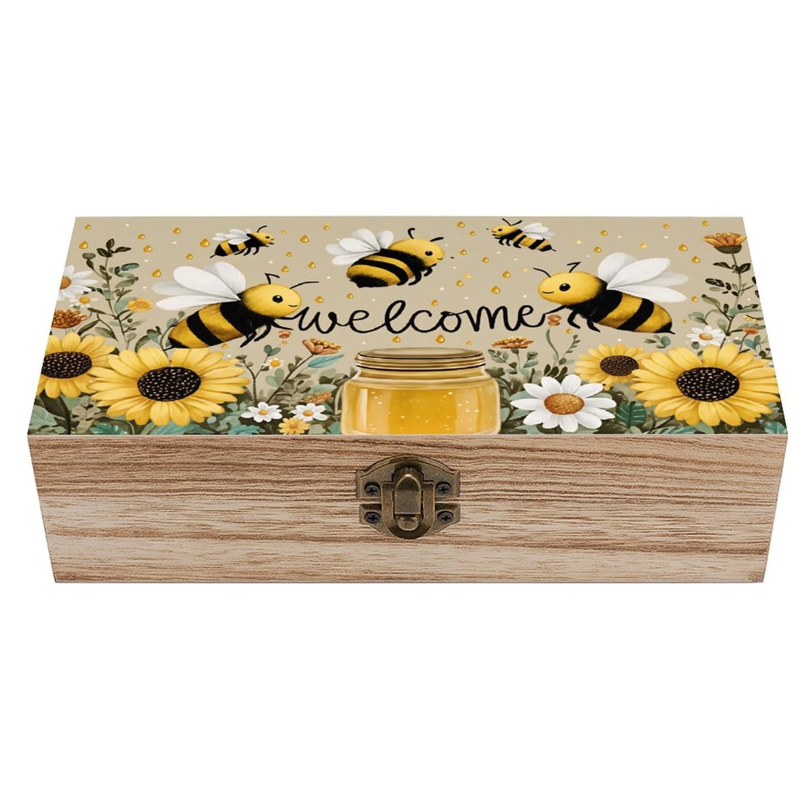 Smazdfxx As Pic Welcome Bees Honey Jar Sunflowers Floral Pattern Vintage Wooden Storage Box With Hinged Lid Natural Wood Jewelry Keepsake Organizer For Rings Home Decor
