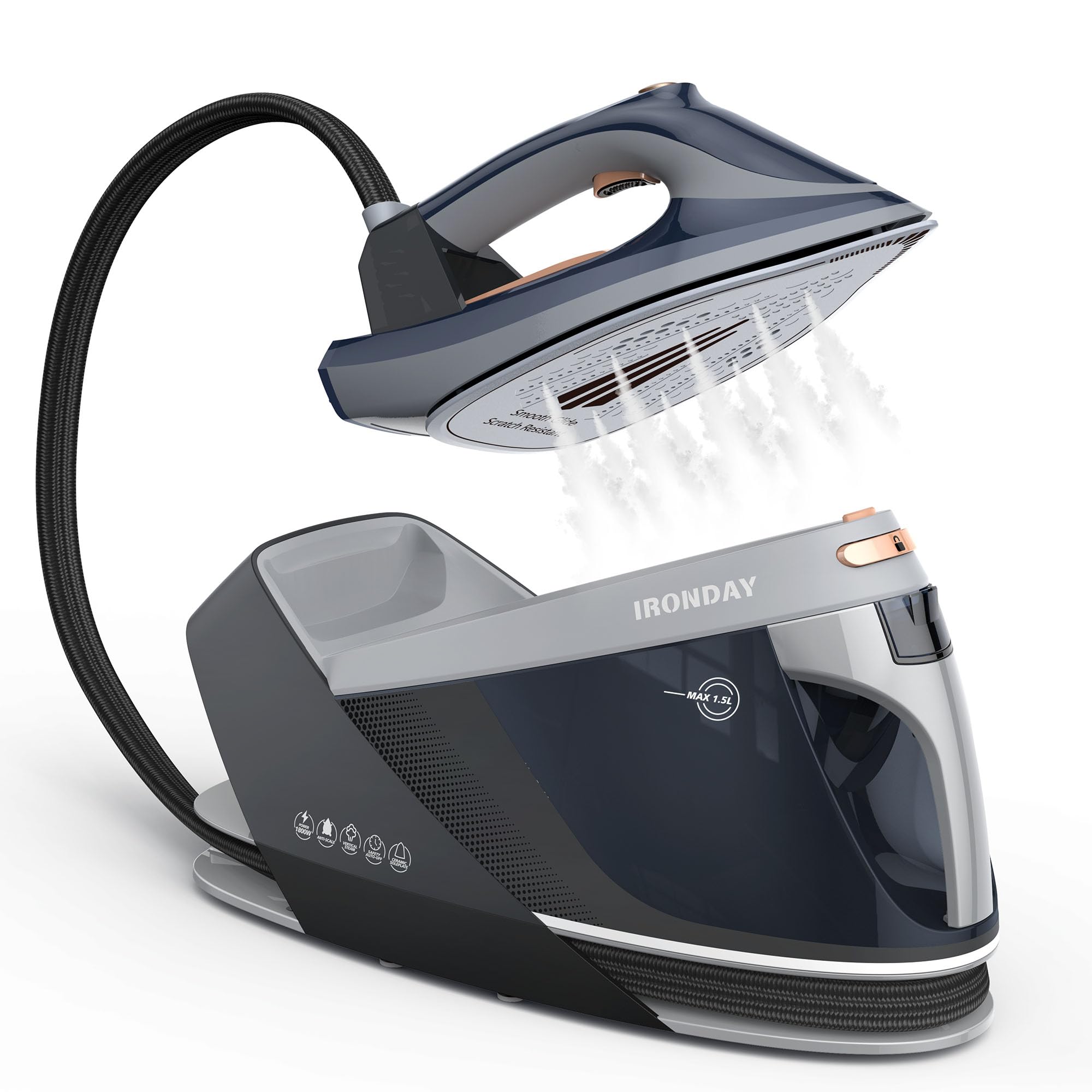 IRONDAY Estación de vapor para ropa con pantalla LED Plancha de vapor de 1800 W Suela de cerámica Apagado automático Autolimpieza Antigoteo Tanque de agua extraíble de 50 72 oz Plancha de vapor para varias telas Azul