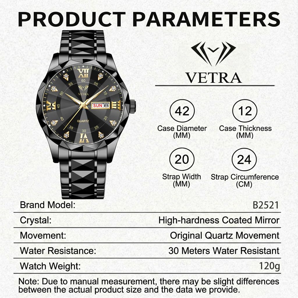 Vetra Montre classique pour homme - Bracelet en acier inoxydable - Étanche - Lumineuse - Jour - Date - Tendance - Minimaliste - Cadeau pour homme