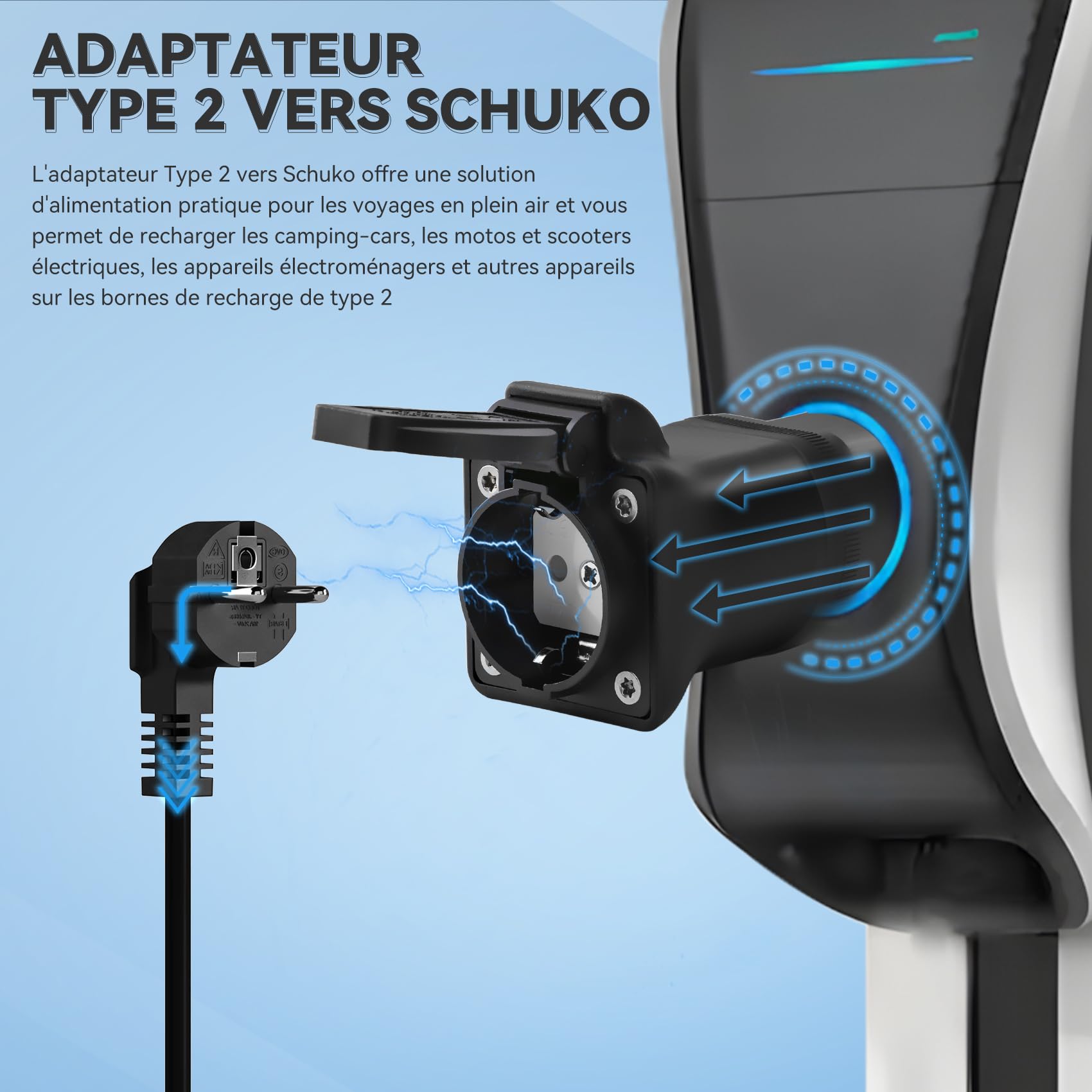 JULIK Adaptateur Type 2 vers Schuko 16A - 3.5kW (220V) – Convertisseur de Borne/Chargeur Type 2 en Prise Schuko – Alimentation pour Voitures Électriques, E-Vélos, Équipements (Noir)