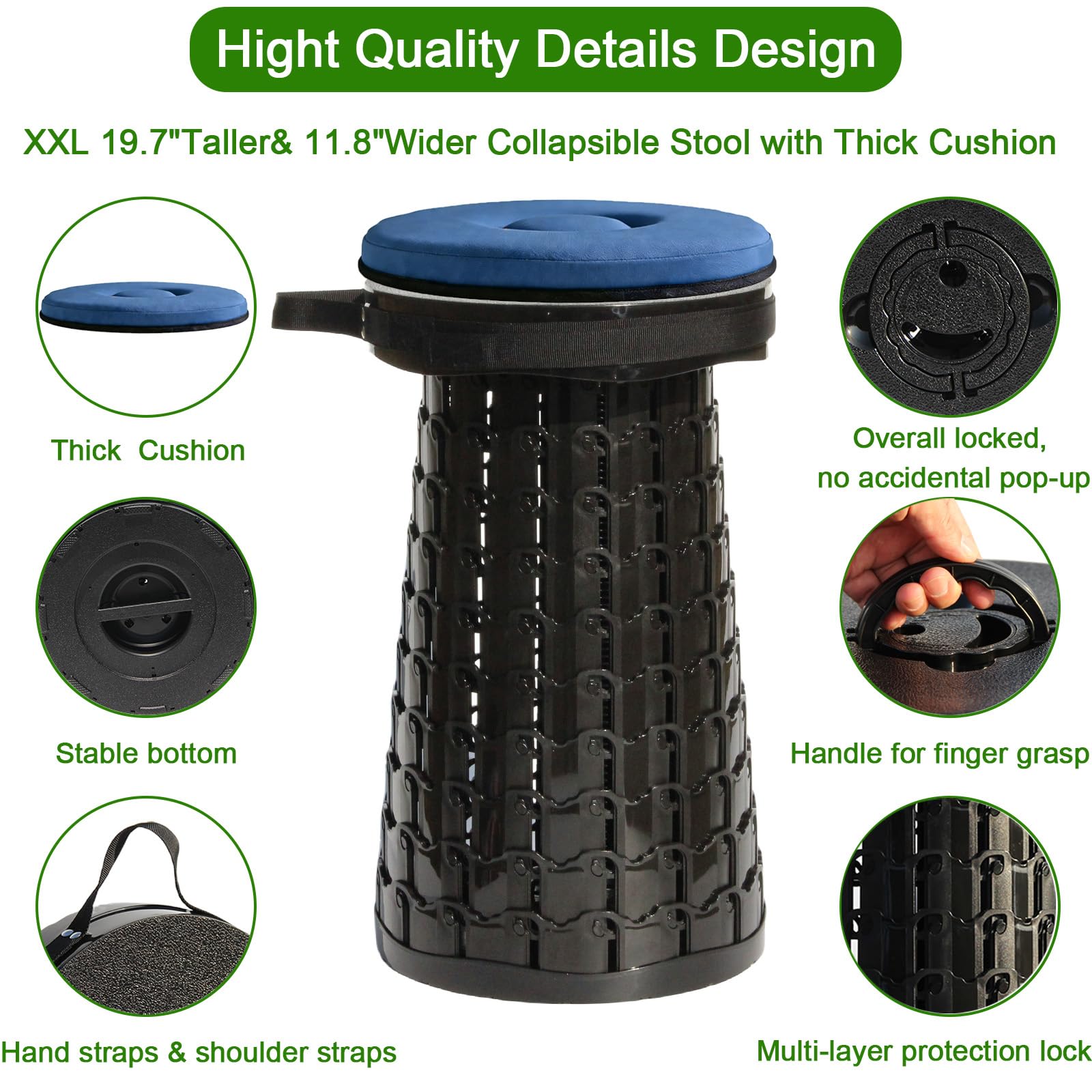 Upgrade XXL Collapsible Stool mit Kissen, tragbare Hocker für Erwachsene, stabilerer Klappstuhl mit Ladungskapazität 1000 Pfund, einziehbarer Campinghocker für Outdoor, Wandern, Reisen