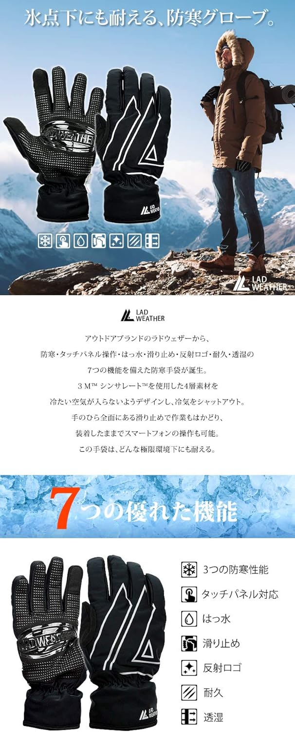 [ラドウェザー] 防寒グローブ 防寒手袋 防水 防風 スマホ操作 バイク スキー メンズ手袋