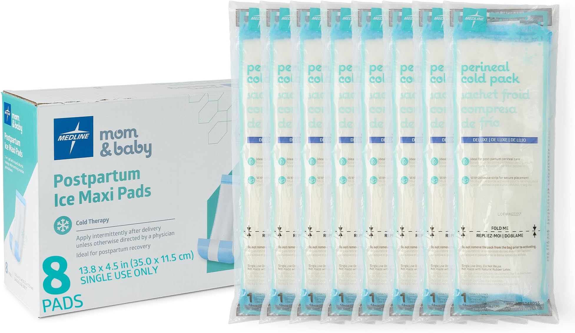 Medline 2-in-1 Absorbent Perineal Pad and Instant Cold Ice Packs for Postpartum Care (8 Count). Ready-to-use Essential for After Delivery, Maternity, Postpartum Care