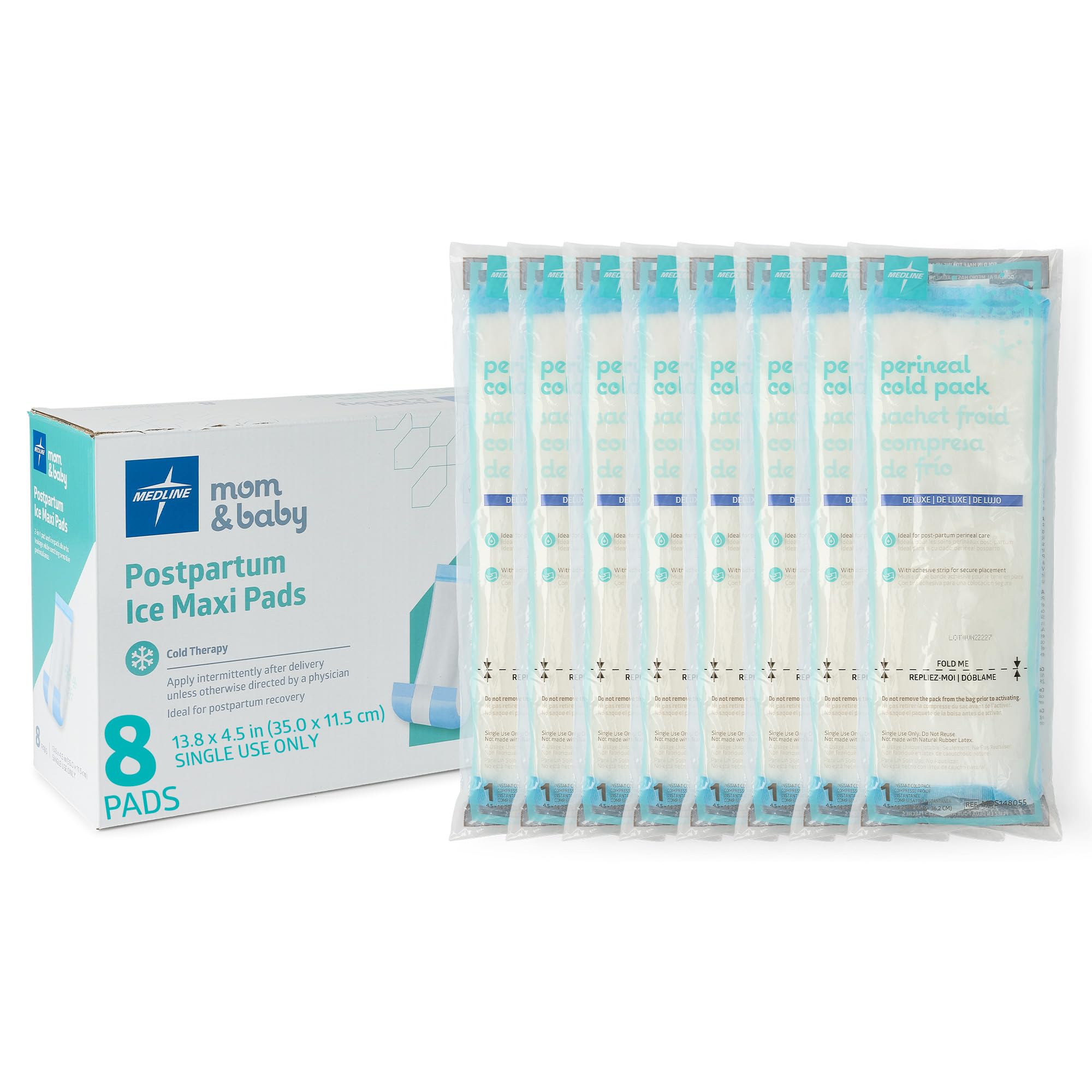 Medline 2-in-1 Absorbent Perineal Pad and Instant Cold Ice Packs for Postpartum Care (8 Count). Ready-to-use Essential for After Delivery, Maternity, Postpartum Care