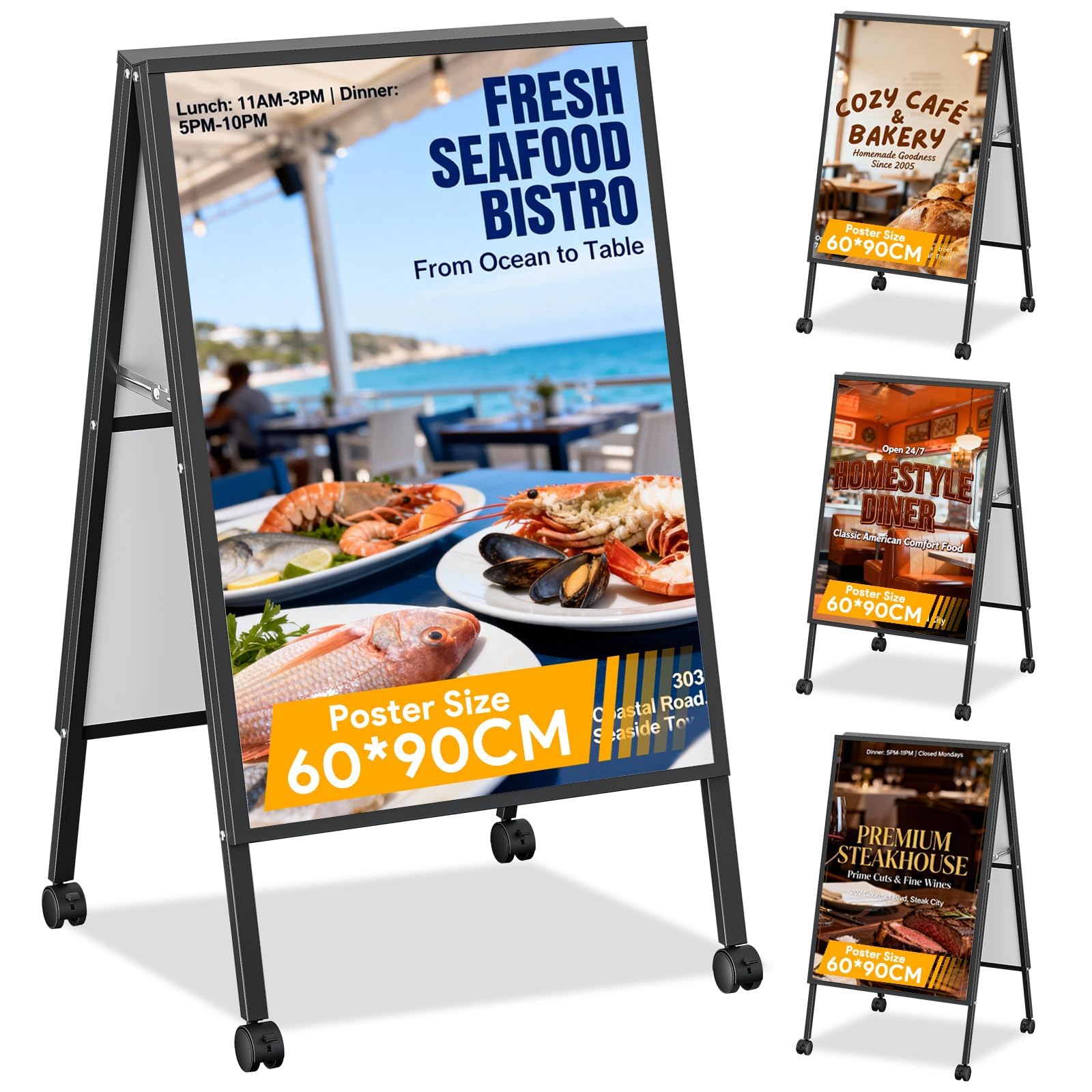 4 Set A1 A Board Pavement Sign Frame, Double-Sided A-Frame Sign with Wheels, Sandwich Board Signs, Foldable Heavy Duty Slide-in Sidewalk Signboard, for Restaurant, Bar, Museum,Frame Only