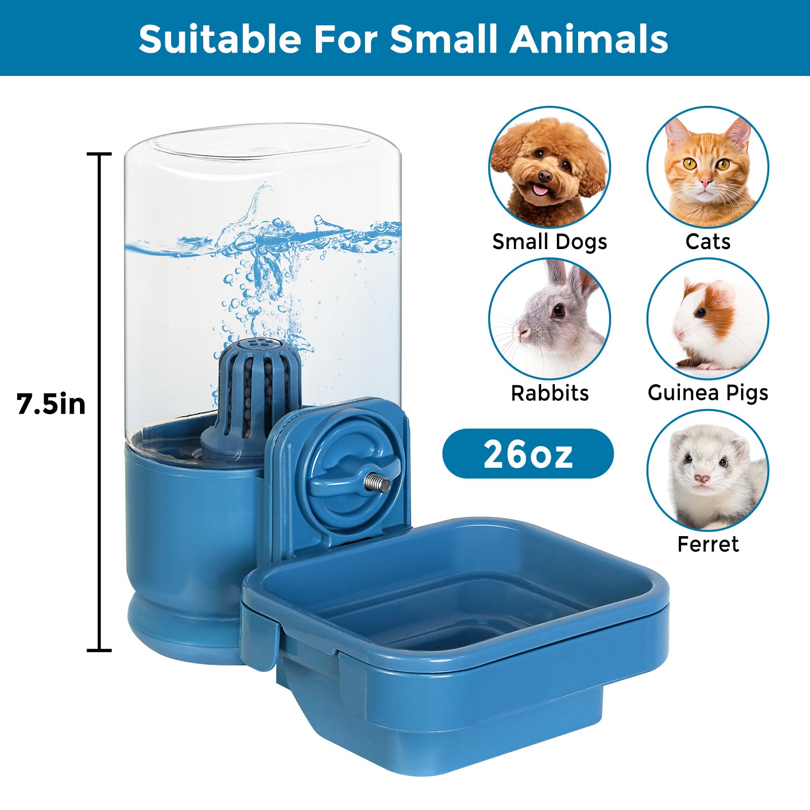 Vannon Dispensador de botellas de agua de animales pequeños para jaula, cuenco de botella de agua con filtro para jaula, cuenco de agua de gravedad antidesbordamiento para cobayas, conejos, hurones,