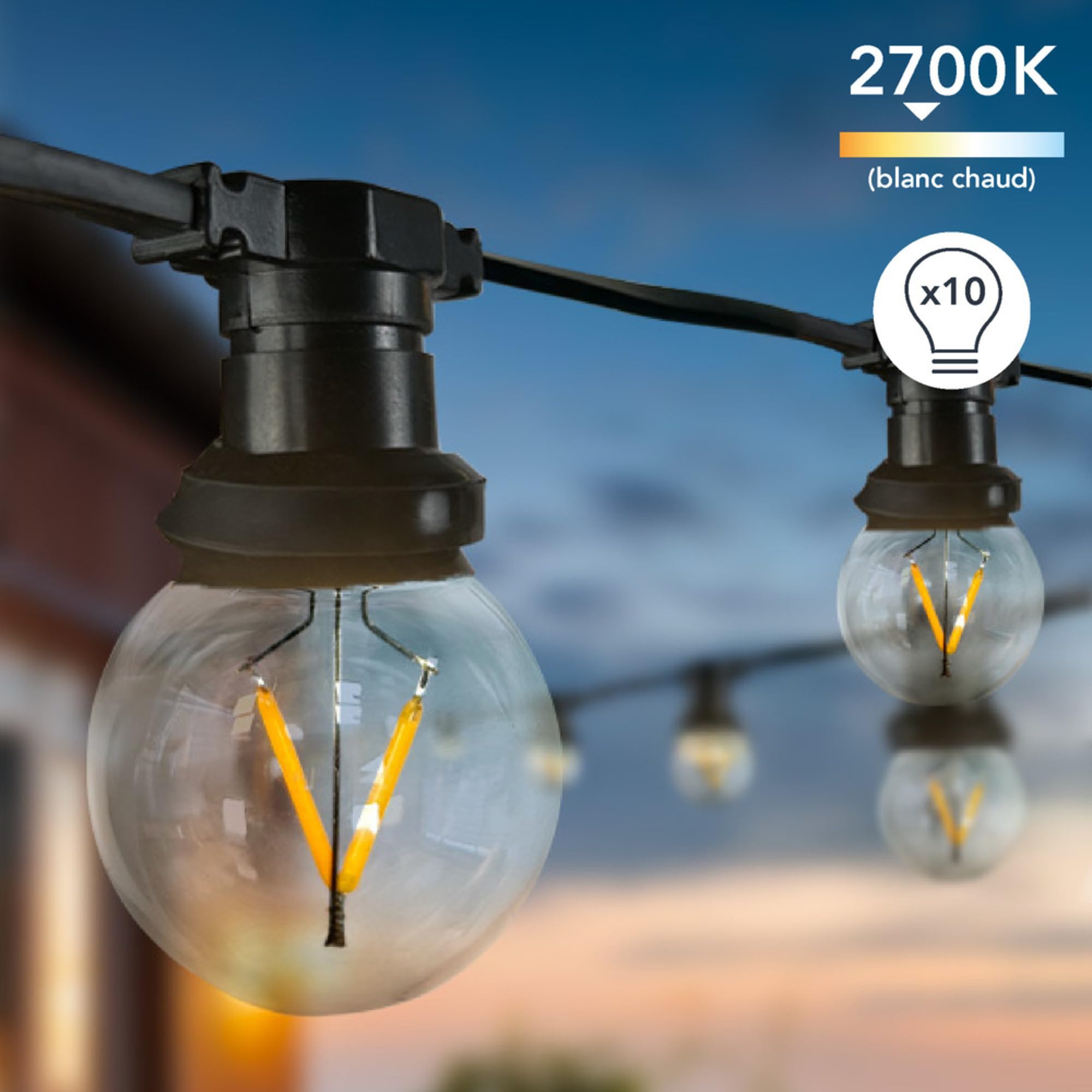 TIBELEC Guirlande LED Connectable 10 Douilles E27-10 Ampoules à Filament 85LM, Idéale pour Extérieur