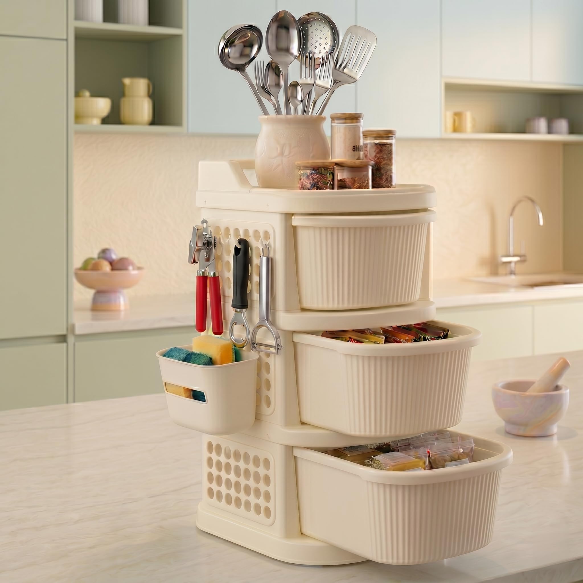 TEX-RO 3 Layer Plastic Drawer Cabinet with Wheels & Side Hooks | Stackable Storage Trolley Organiser for Kitchen, Bedroom, Bathroom | Multipurpose Drawers Organisers Rack with Basket - Ivory