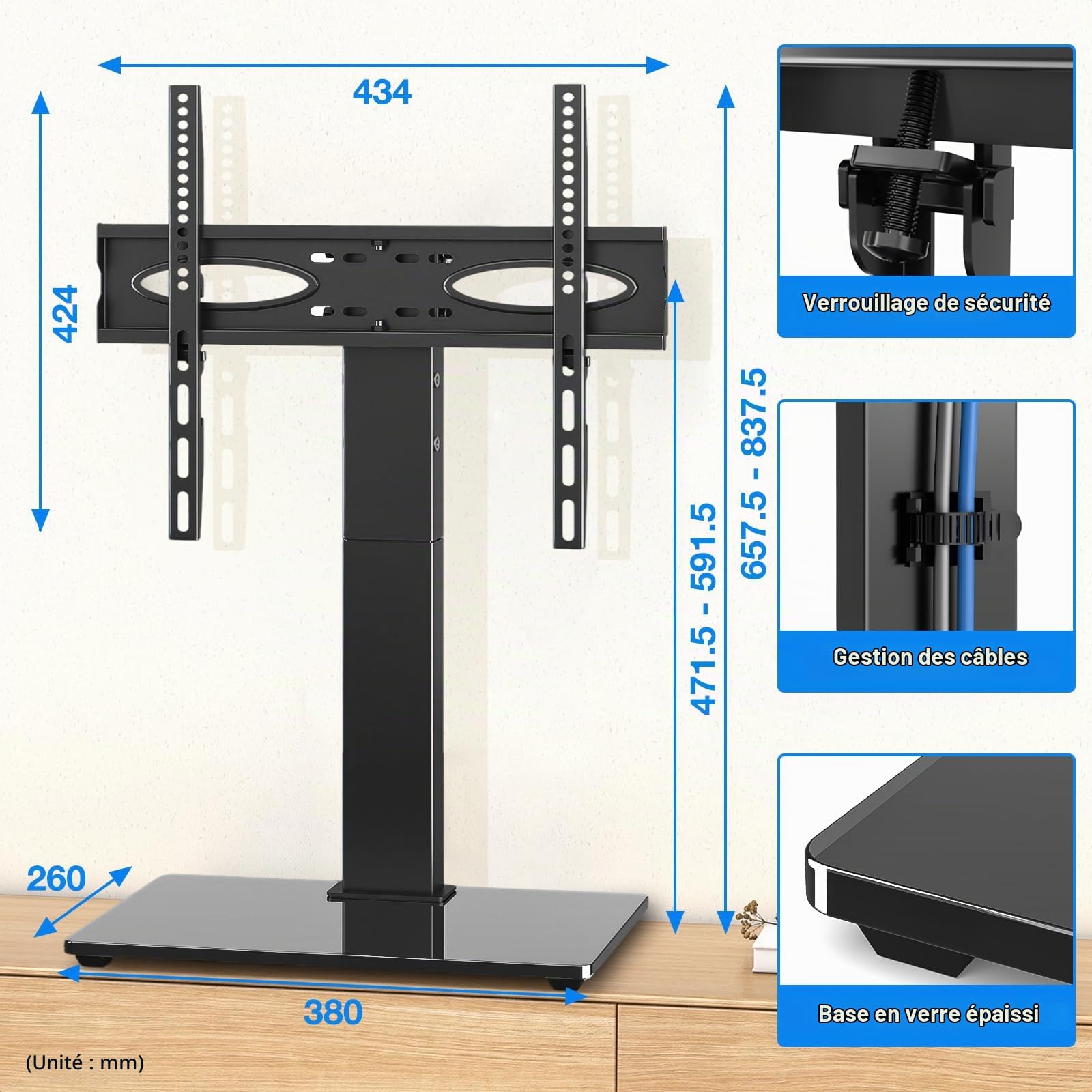 Support TV de Bureau 5Rcom pour Téléviseurs 32-70 Pouces, Capacité 40KG, Base en Verre Trempé Réglable en Hauteur, Support Universel pour Salon/Chambre, VESA Max 400x400mm
