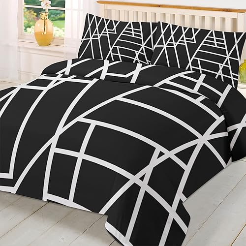 Bedding Duvet Covers Set 3 Piece Set, Modern Geometric Black Queen Modern Geometric Black Duvet Cover and 2 Pillow Cases Set, Ultra Soft and