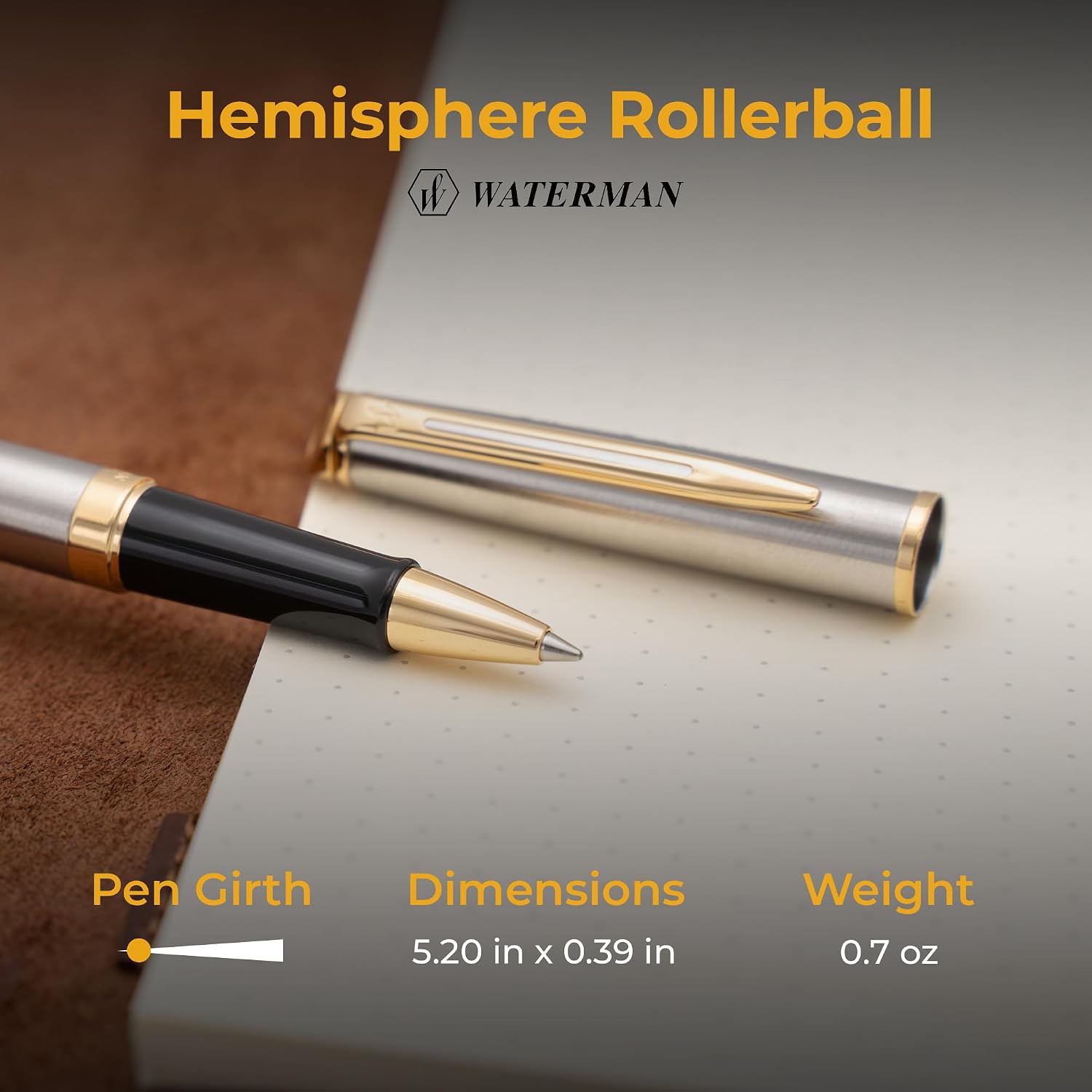 Personalized Waterman Pen | Engraved Waterman Hemisphere Rollerball Pen with Brushed Stainless Finish and Gold Trim. A Luxury Gift Pen with Engraving.