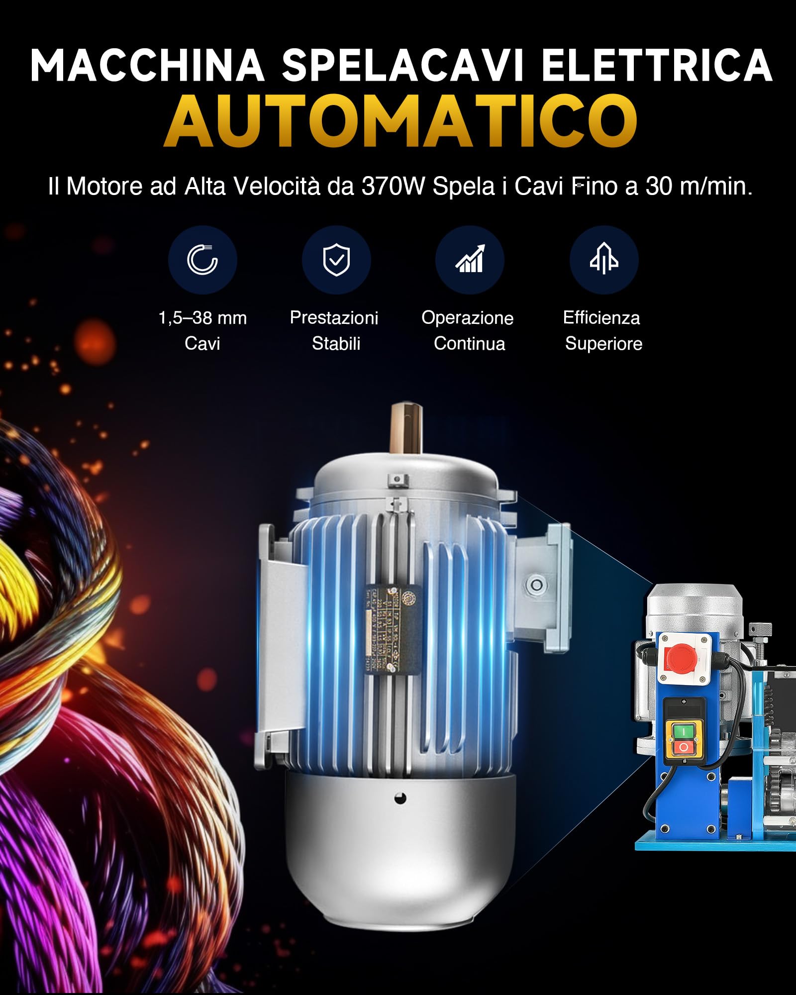 CREWORKS 370W Macchina Spellacavi Elettrica Professionale 30 m/min Spelafili Cavo Sguainacavi per Recupero Rame Φ1,5 mm-Φ38 mm Spelafili da Banco Cavo Portatile a 11 Multi-Fori