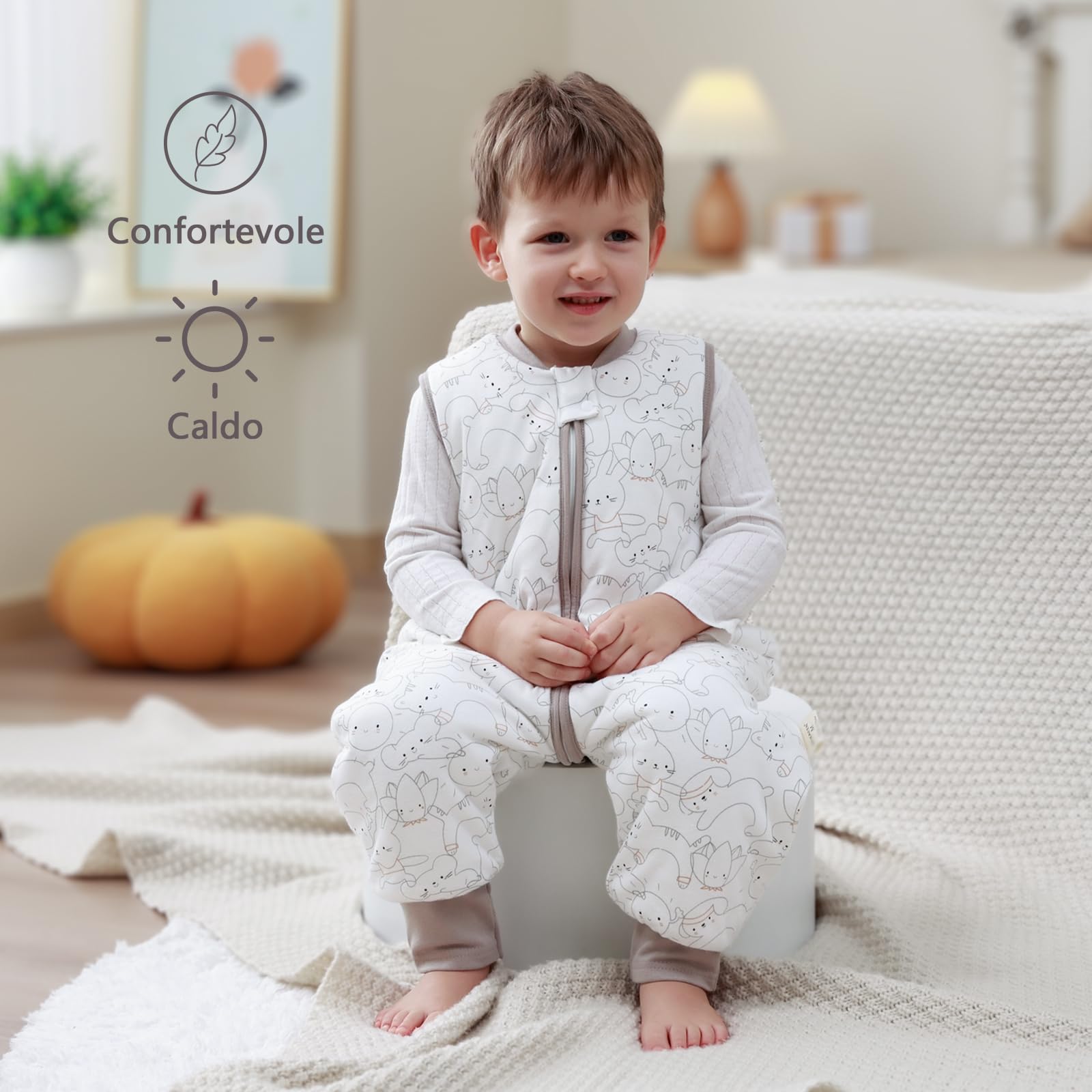 MIKAFEN Bambini Sacco nanna invernale con gambe 2,5 Tog,100% cotone,Sacco nanna con piedini,95-105 cm/3-4 anni,Gattino
