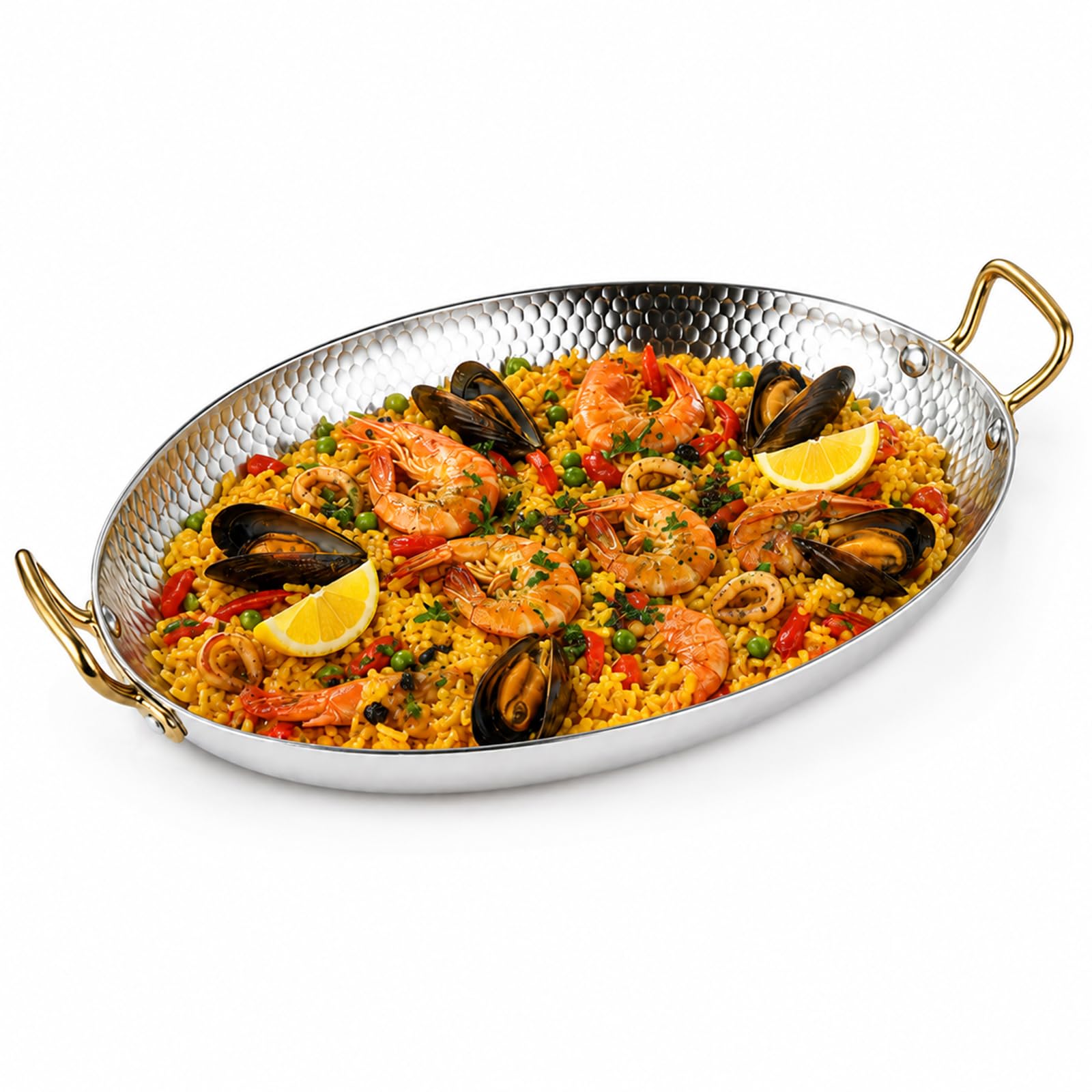Paellera de Acero Inoxidable 304, sartén Ovalada española para mariscos con Asas Dobles, Cacerola arrocera con Fondo Martillado para hogares o restaurantes,Plata,40cm